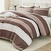 Litanika Brown Comforter Set King - 3 Pieces Lightweight Brown White Colorblock Stripe Fluffy Bedding Comforter Sets, All Season Bed Set