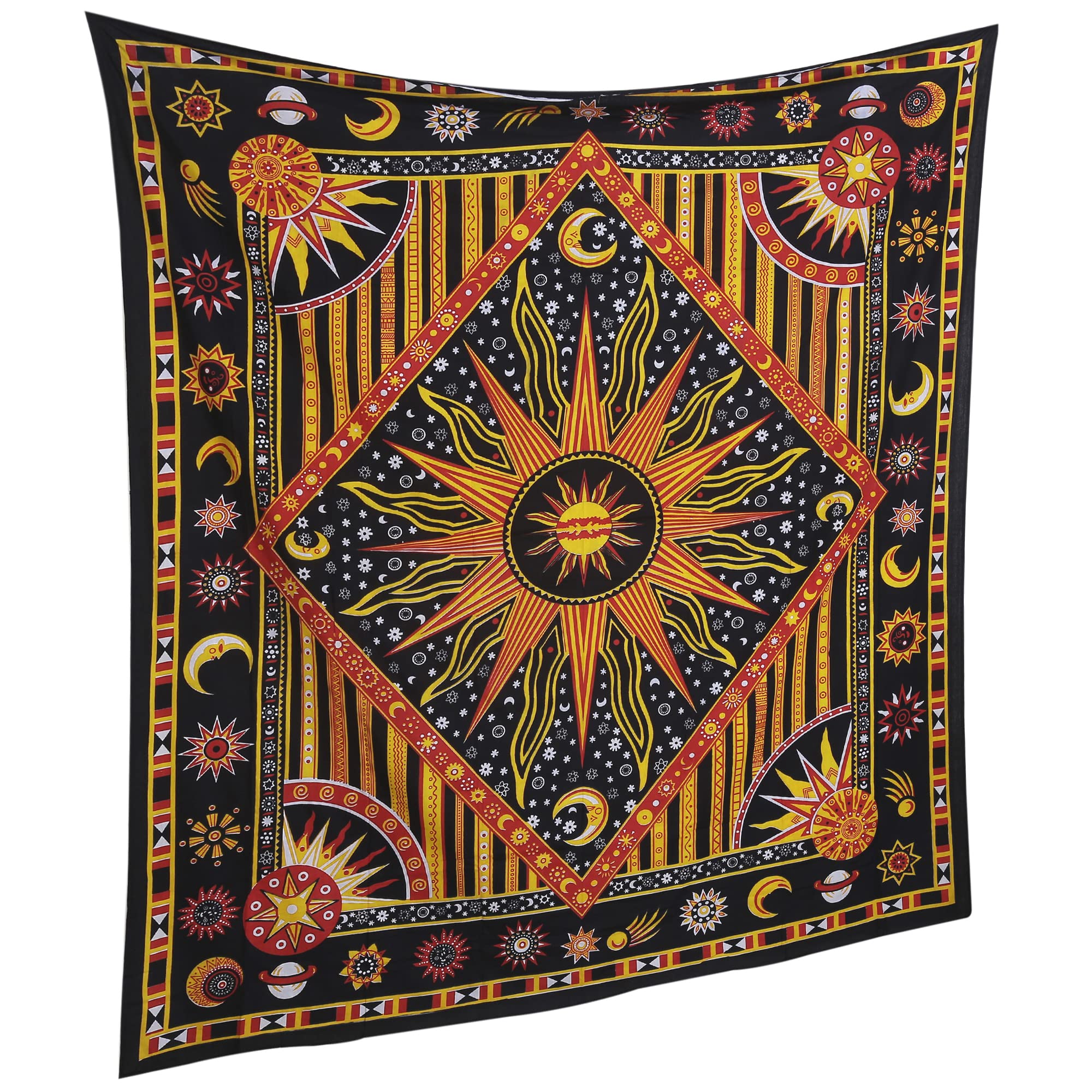 RAJRANG Sun and Moon Tapestry Cotton Celestial Wall Hanging for Bedroom, Bohemian Mandala Wall Decor 137x213 cm