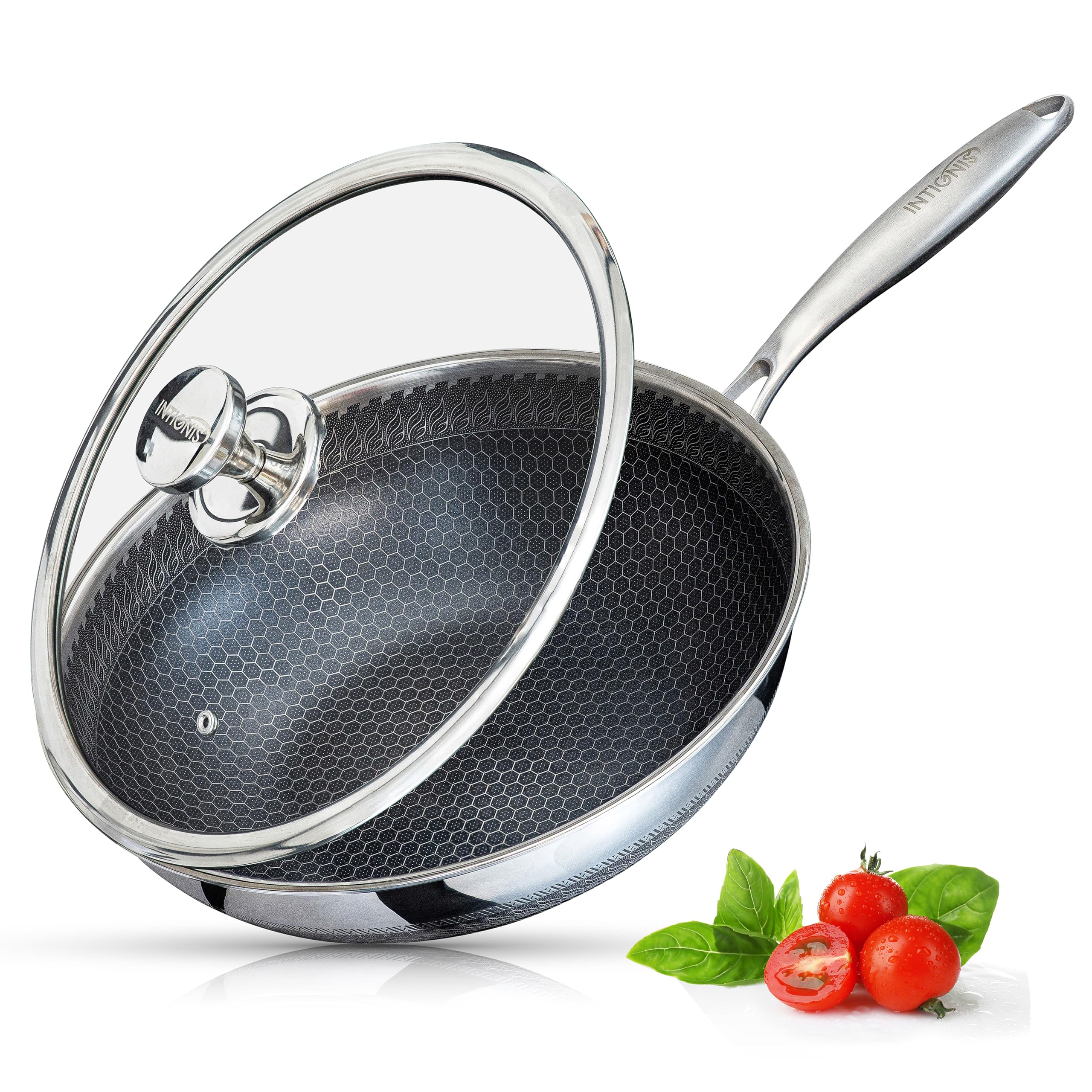 INTIGNIS Wok with Oven-Safe Lid - Anti Scratch Kitchen, for Sautéing, Roasting, Broiling – Large 30cm Stainless-Steel Skillet - German GREBLON Non-Stick Shield Technology
