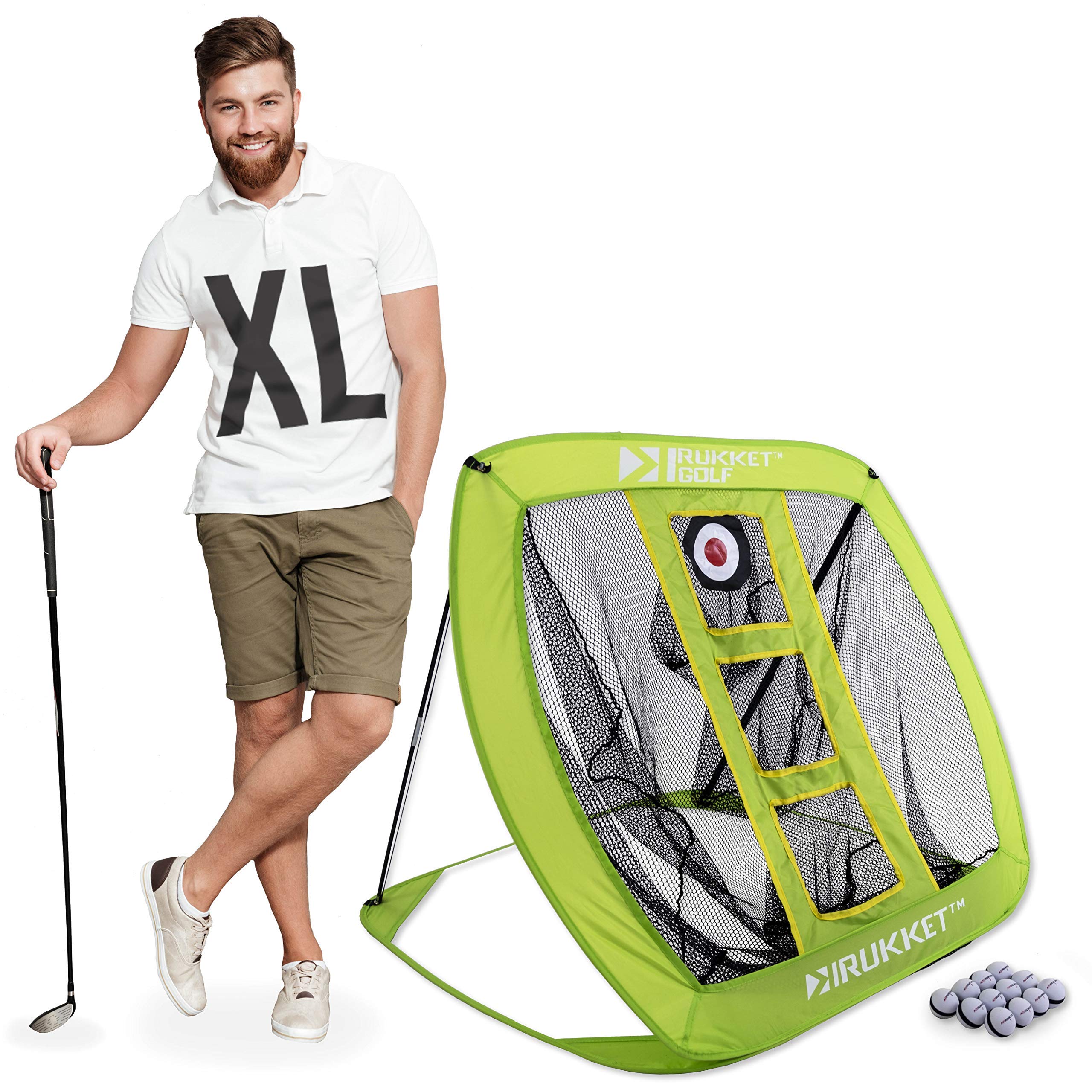 Rukket Sports Pop Up Golf Chipping Net | Choose Standard or Light-Up | Outdoor/Indoor Golfing Target Accessories and Backyard Practice Swing Game | includes Foam Practice Balls