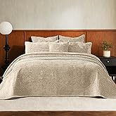 NEPHEALIS Velvet Quilt Set Oversized King Size 3 Piece Bedding Set 120x128 Bedspread with 2 Pillow Shams Luxurious Soft Striped Quilted Coverlet for All Seasons,Beige
