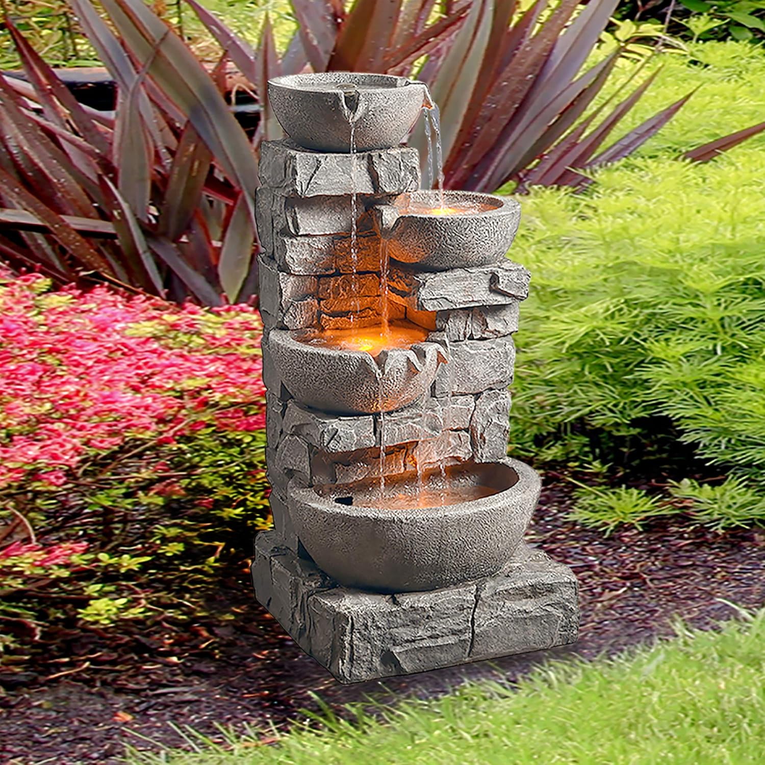 Peaktop 201601PT Floor Stacked Stone 4 Tiered Bowls Waterfall Water Fountain for Outdoor Patio Garden Backyard Decking with Led Lights and Pump, 33" Height, Gray : Garden & Outdoor
