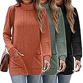Velvelhall 3 Pack Women's Turtleneck Long Sleeve Sweaters, Puff Ribbed Knit Sweaters Pullover Casual Tunic Tops with Pockets