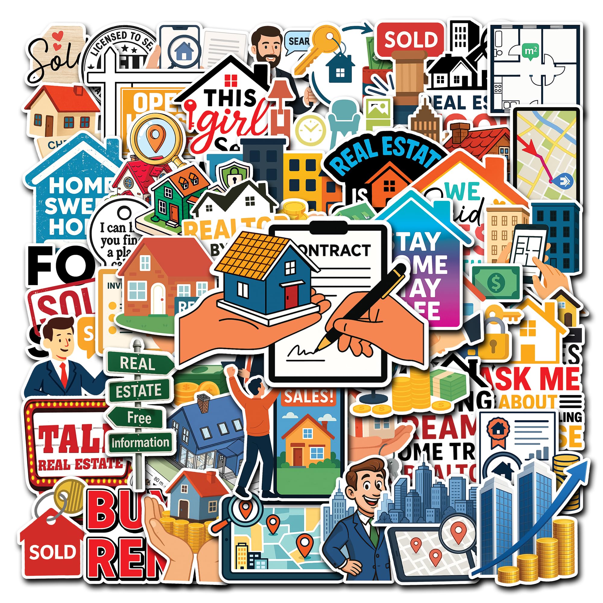 HIZILY 50 Pcs Real Estate Stickers Funny Realtor Sticker Waterproof Work Vinyl Decal Laptop Water Bottle Tablet Phone Scrapbook Luggage Cup Helmet Office Decor Gifts for Adults Coworkers Agent