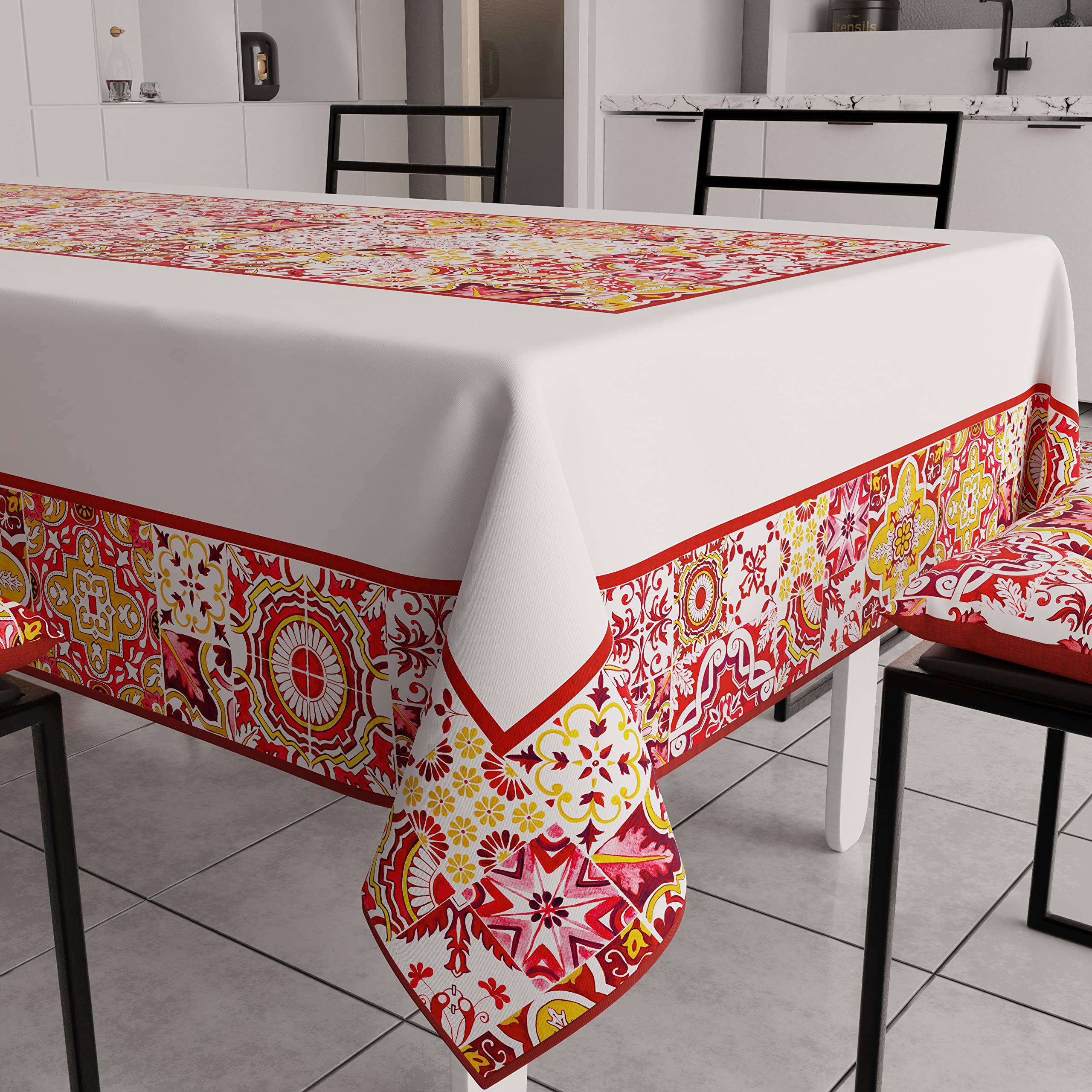 PETTI Artigiani Italiani - Anti-Stain Rectangular Tablecloth Kitchen Table Cover Geometric Design Vietri Red X12 Seater (140 x 240 cm) 100% Made in Italy
