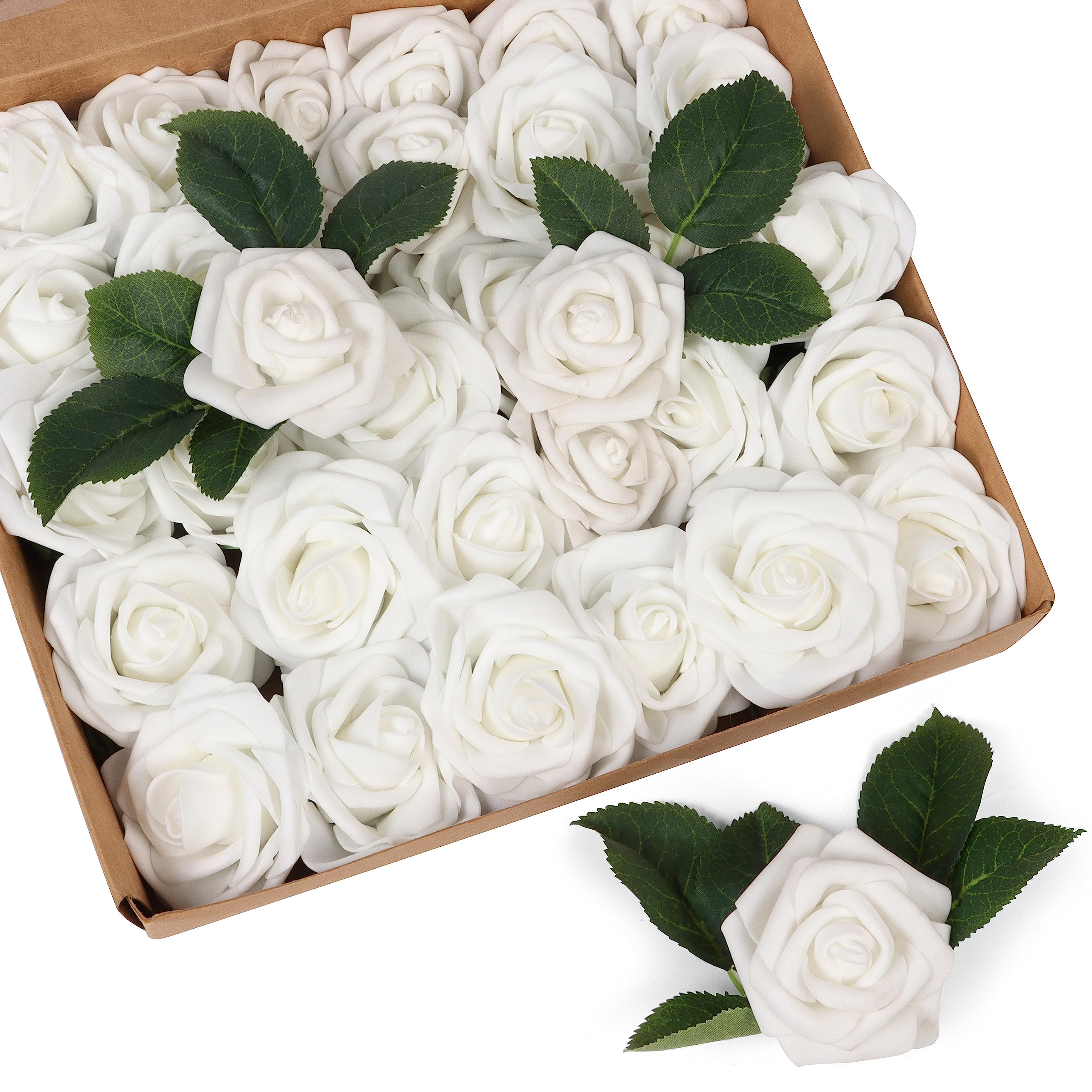 Belle Vous Fake Artificial White Foam Roses With Stem (50 Pack) - 19cm/7.48 inches - Realistic Flowers - Home, Party & Wedding Decorations - For DIY, Bridal Shower Bouquets & Centrepieces/Arrangements