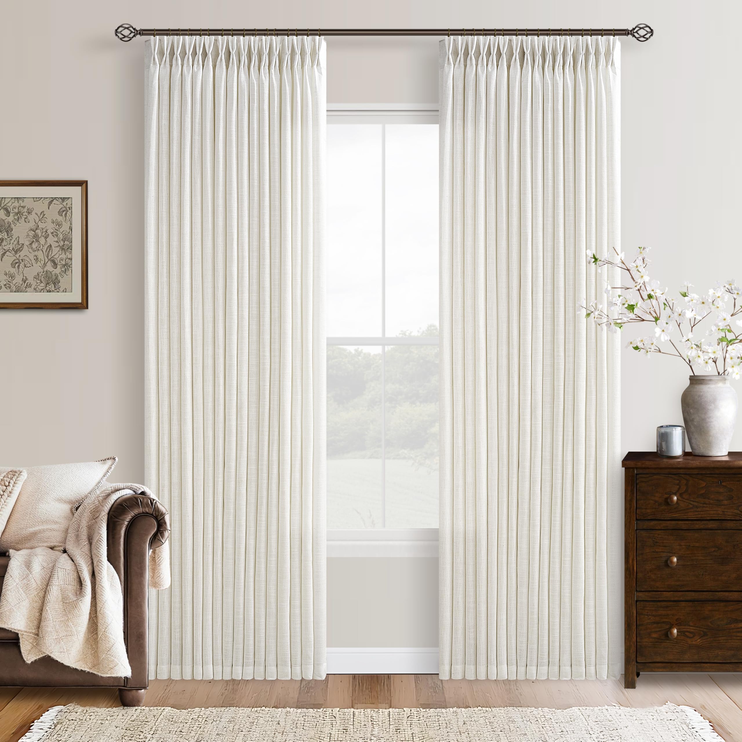 Photo 1 of 102 Inch Long Pinch Pleat Linen Curtains for Living Room 2 Panels Set Natural Cream Boho Semi Sheer Light Filtering Neutral 102 Inch Pleated Curtain with Rings Hooks Floor Ceiling Bedroom Window