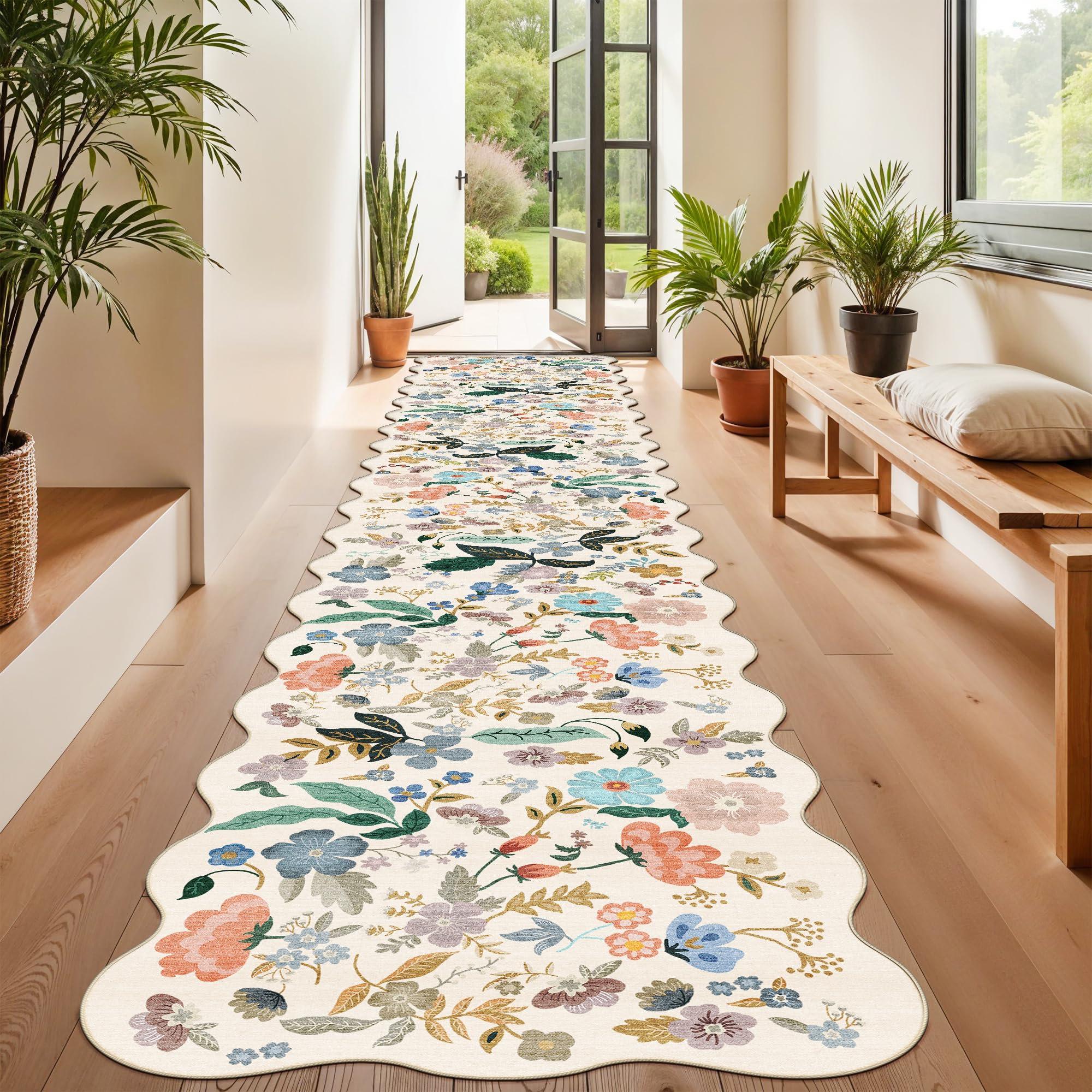 Hallway Floral 2'6x14 Runner Rugs: Washable Scalloped Soft Carpet with Non-Slip Backing for Entryway Kitchen Stain-Resistant Bedroom Floor Mat – Gifts for Newlyweds/Household Home Dcor (2'6x14,Cream) Image