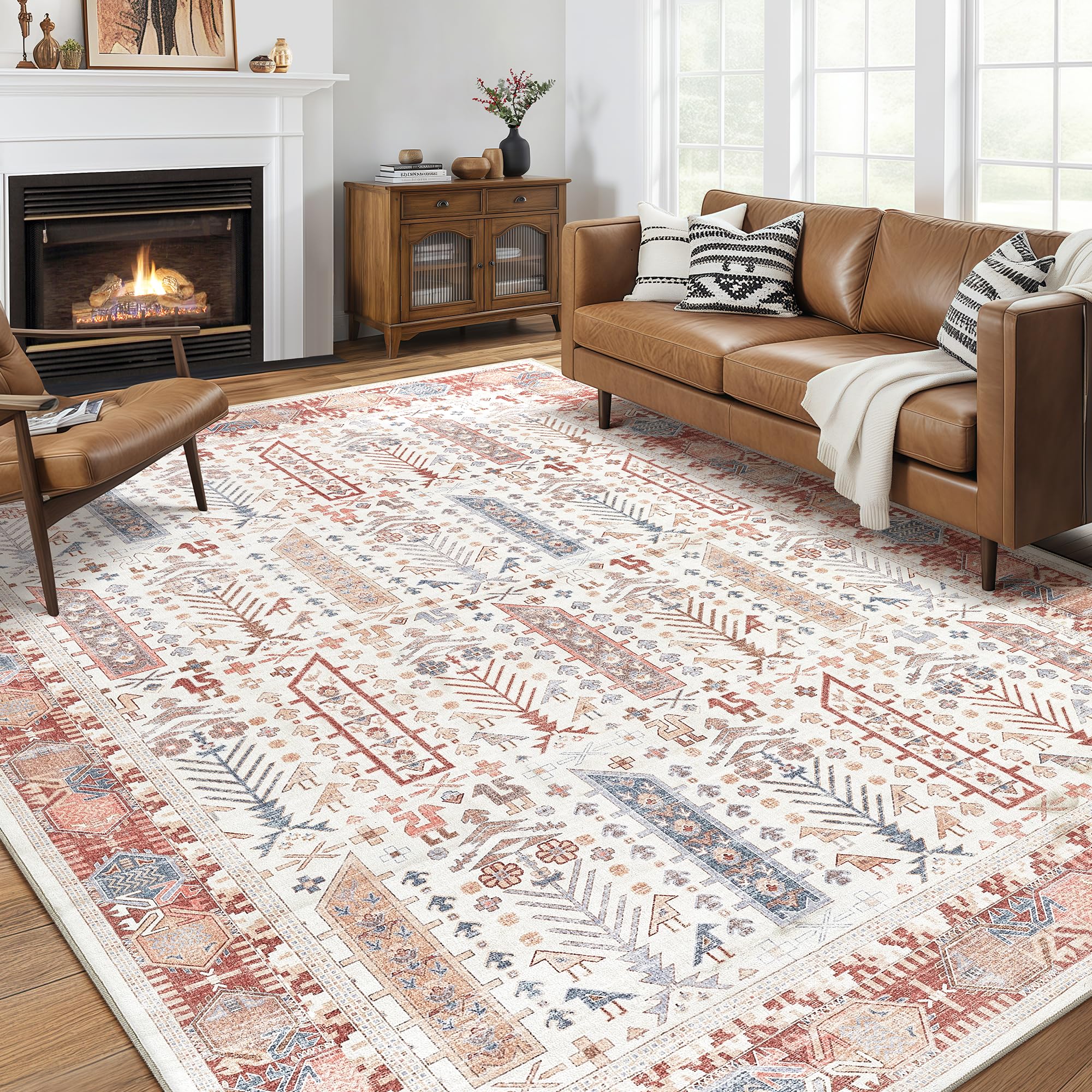 10x12 Area Rug for Living Room- Machine Washable Soft Oriental Vintage Large Indoor Floor Carpet for Bedroom Under Dining Table Home Office Decor - Multi Red Image