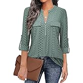 Bulotus 3/4 Length Sleeve Womens Striped Tops Zipper V Neck Collared Blouses Business Casual Tunics 2026 Spring Trendy