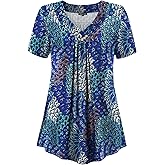 FOLUNSI Women’s Plus Size Short Sleeve Henley Shirt V Neck Floral Blouses Tunic Tops M-4XL