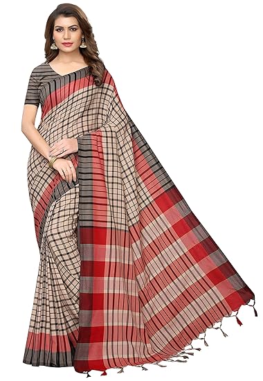 Checkered Women's Cotton Silk Saree With Blouse (Terra Varations-Multicolor)