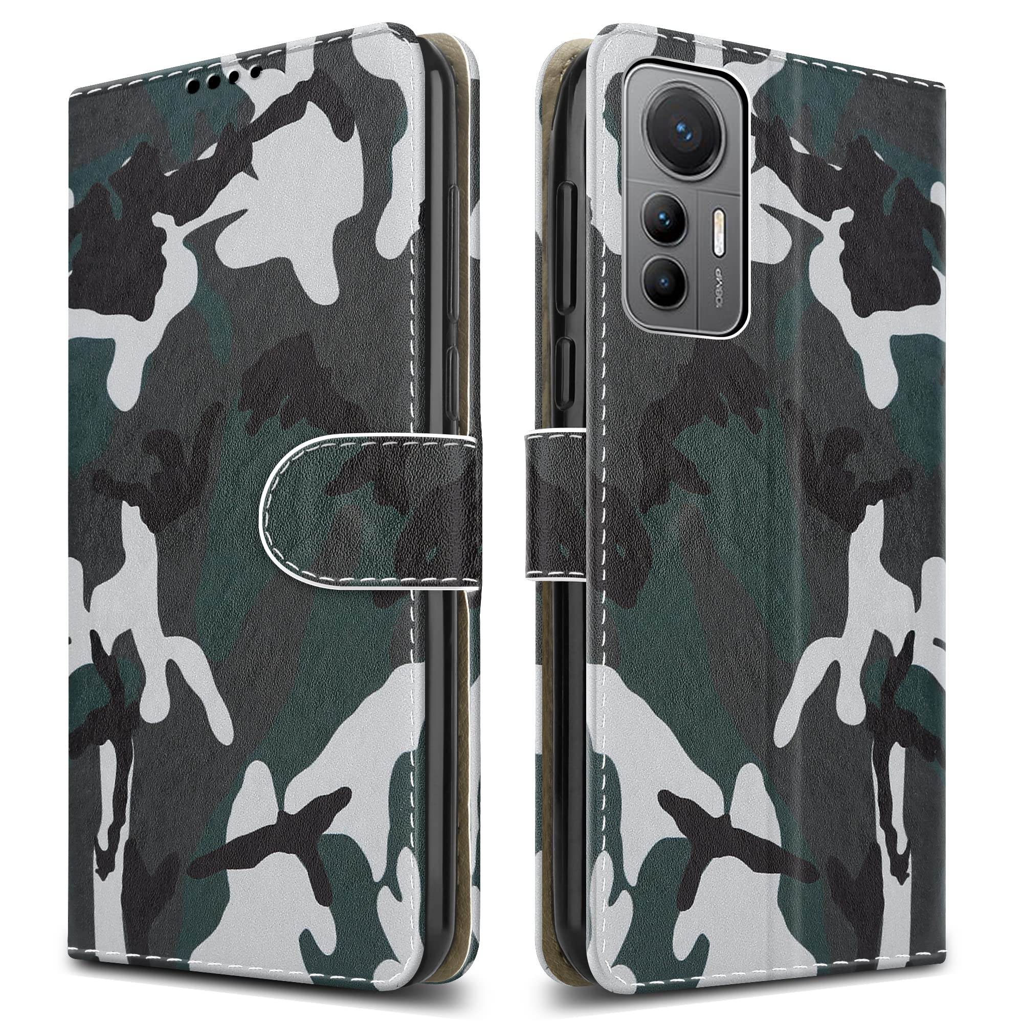 PIXFAB For Xiaomi 12 Lite 5G Leather Phone Case, Magnetic Closure Full Protection Book Folio Design, Wallet Case Cover [Card Slots] and [Kickstand] For Xiaomi 12 Lite 5G - Camouflage