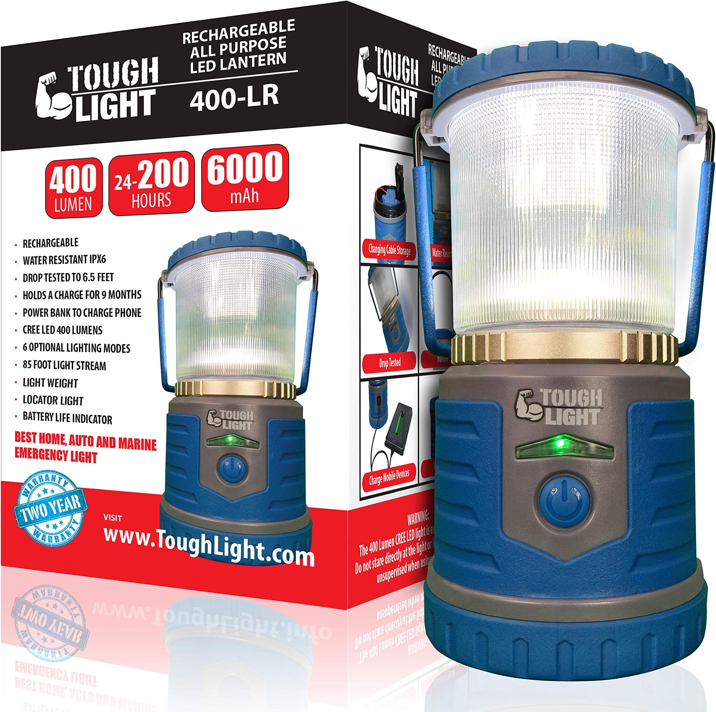Tough Light LED Rechargeable Lantern - 200 Hours of Light from a Single Charge, Longest Lasting on Amazon! Camping and Emergency Light with Cell Phone Charger - 2 Year Warranty