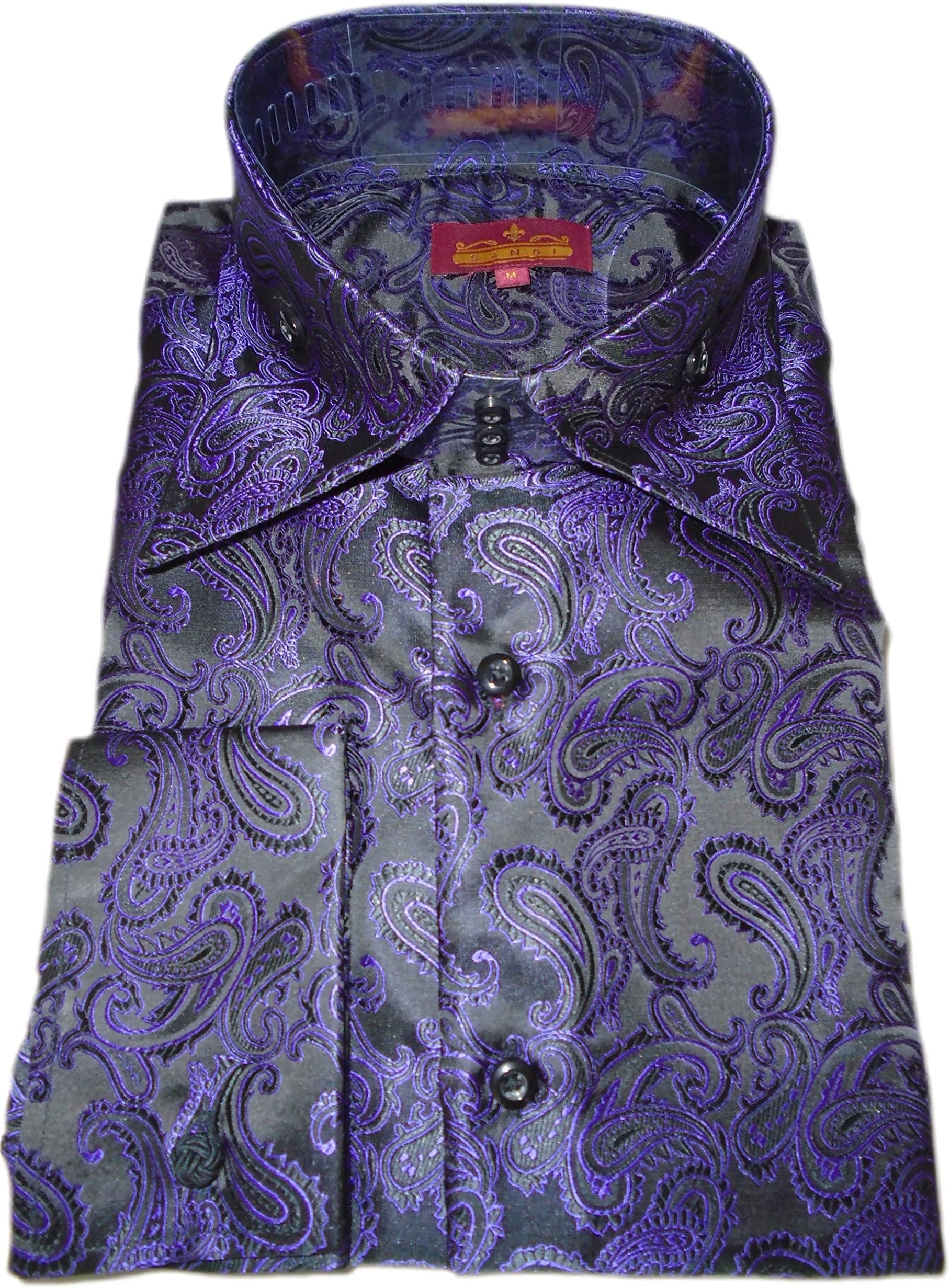 SANGI 2042 Mens Black Purple Paisley High Collar Cuffed Shirt Milan Collection