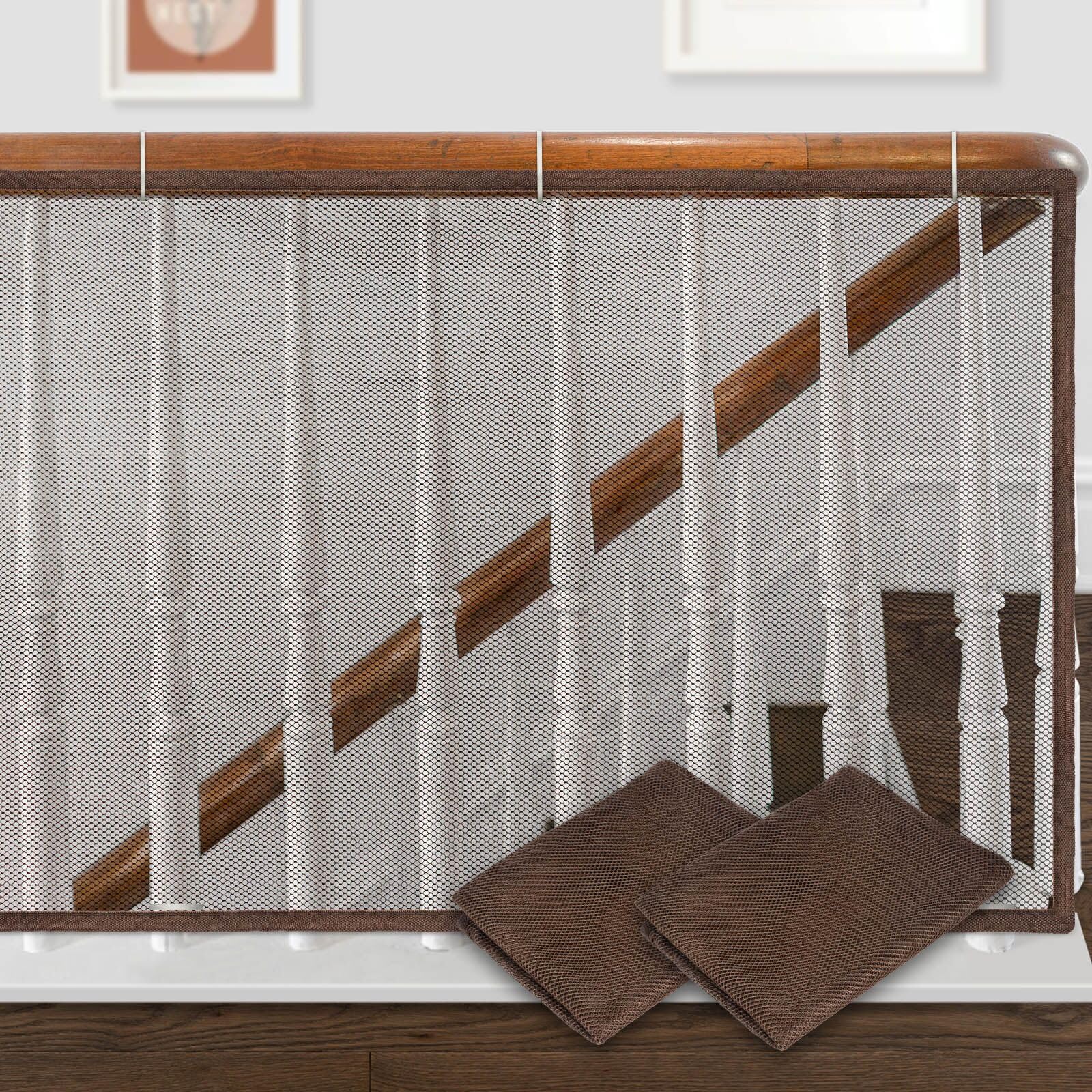 Photo 1 of 2 Pack 6.6ft x 2.6ft Indoor Outdoor Baby Safety Stair Railing Net Baby Proofing Stair Balcony Banister Rail Guard Child Safety Stair Protection Safe Rail, Brown