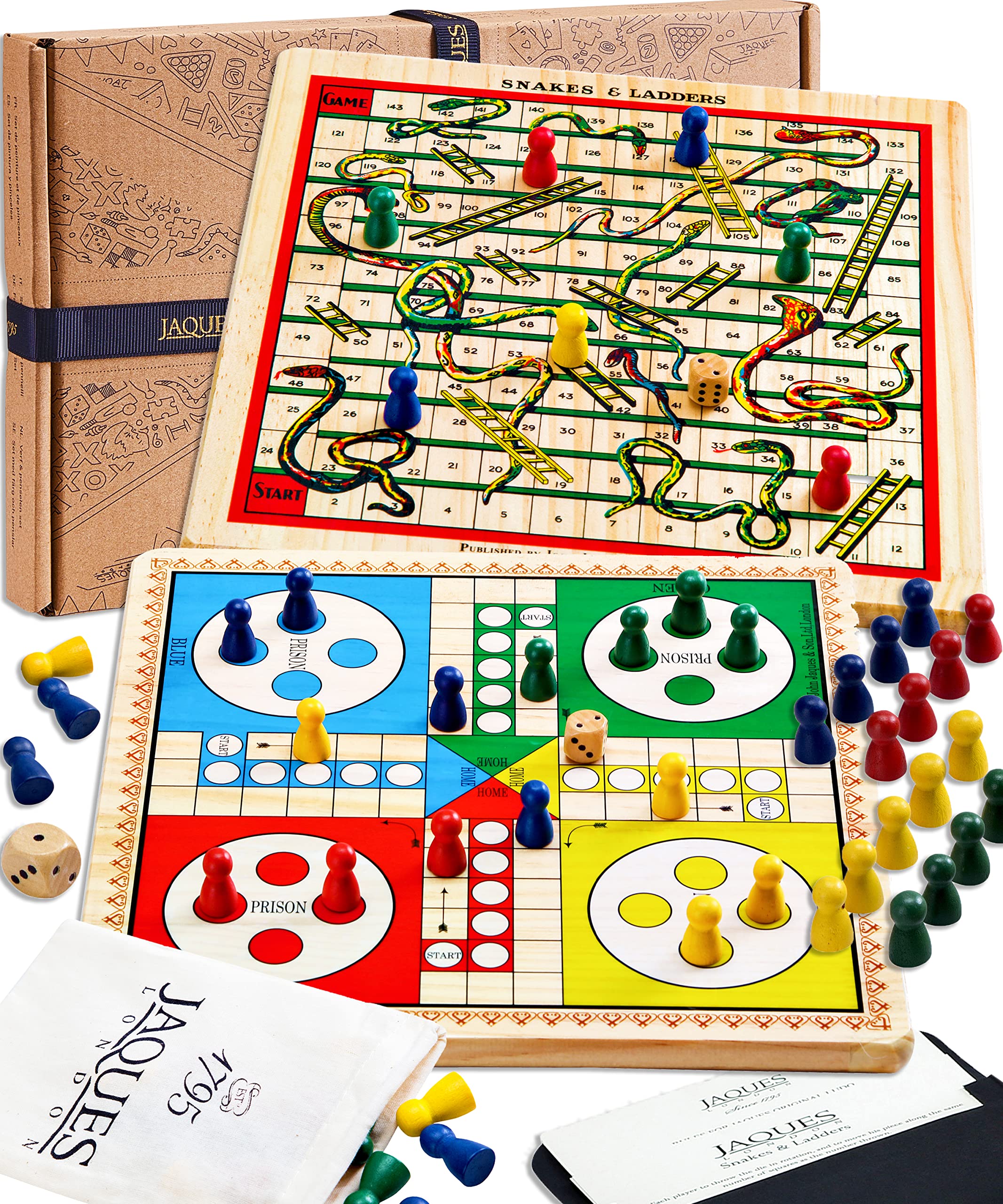 Jaques of London 2 in 1 Snakes and Ladders Game with Ludo Board Game | Family Board Games for 4 5 6 7 Year olds | Kids Board Games for Adults