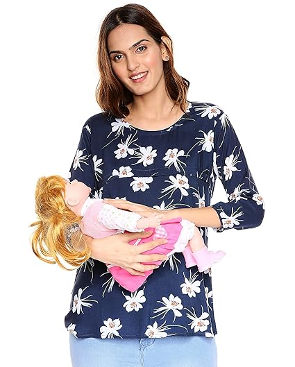 Womens Rayon Nightwear Navy Blue & Maroon Red Floral Print Feeding Maternity Top