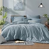 Monbix Queen Comforter Set - 7 Pieces Dusty Blue Cationic Dyeing Bed in a Bag Queen Bedding Sets with Sheets, Pillowcases & Shams, Reversible Bedding Comforters