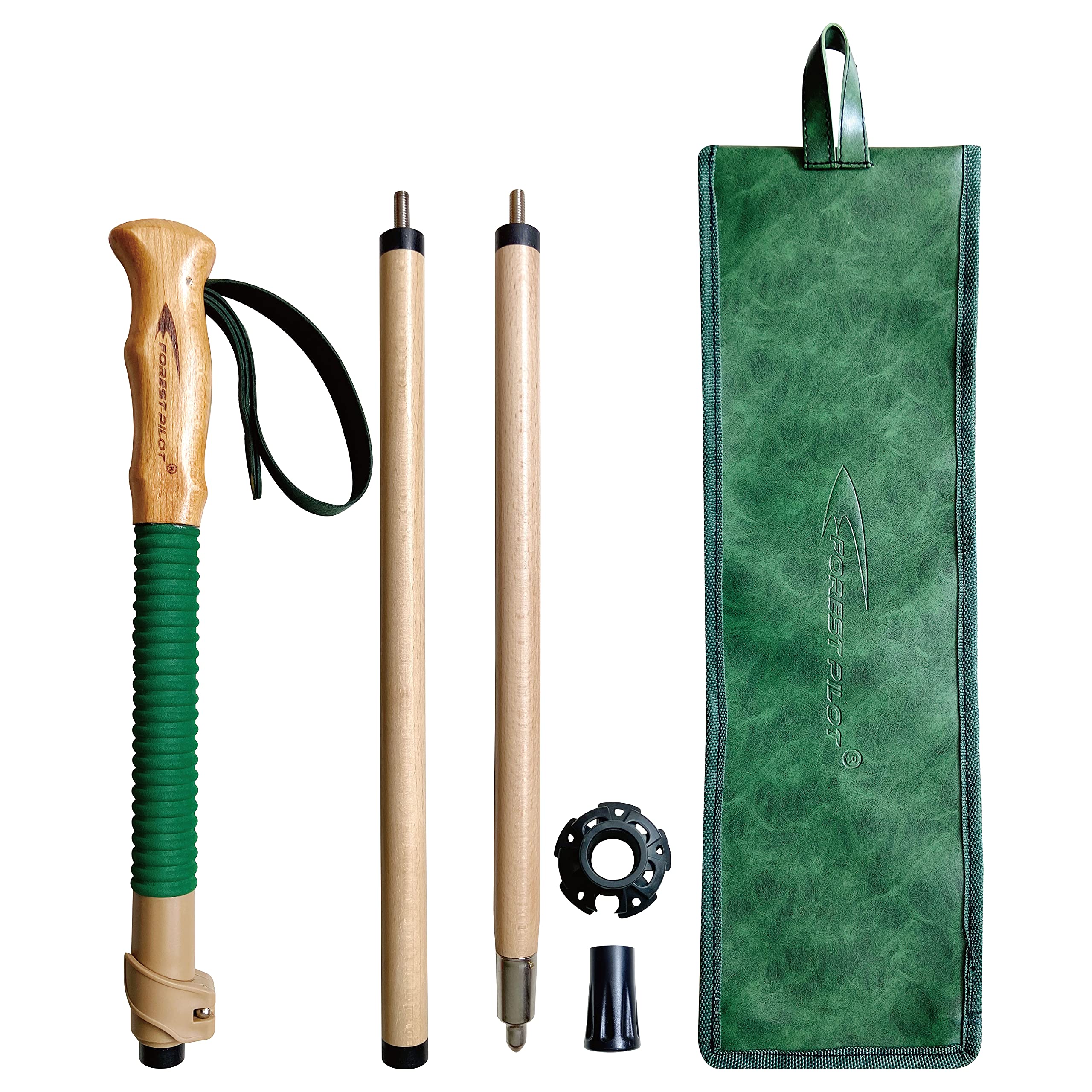 FOREST PILOT Trekking Poles- 1-pc Pack - Adjustable Hiking or Walking Stick –Strong, Natural Beech wood - Quick Adjust Flip-Lock - Beech wood Grip, Leather Strap (Green)