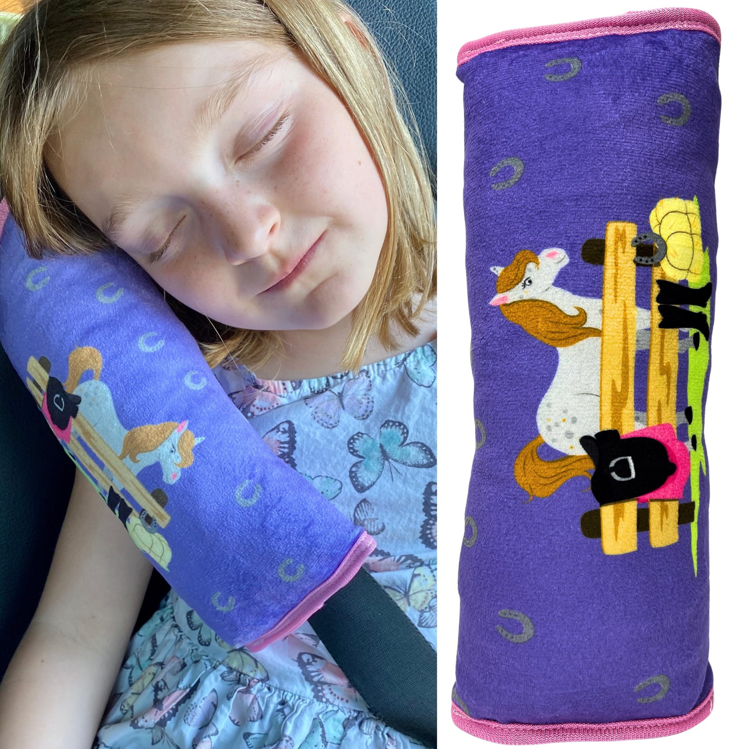 HECKBO farm horse animals car seatbelt pillow for children - machine washable - girl boy kids children soft car seat belt cover sleeping pillows protection car travel pillow cushion vacation