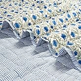 Ridhi Cotton Reversible Quilt Hand Block Printed Queen 90 x 96 Queen Blue Soft Lightweight Blanket for Sofa Couch & Bed Décor Lightweight Soft Breathable Handmade