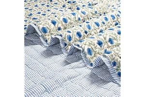 Ridhi Block Print Quilt Queen Blue Throw Reversible Blanket 100% Cotton Quilt, Cover for Couch and Bed, Sage Lap Bedding Coverlet, Luxury Oversized Quilted Throw Twin 60" X 90"
