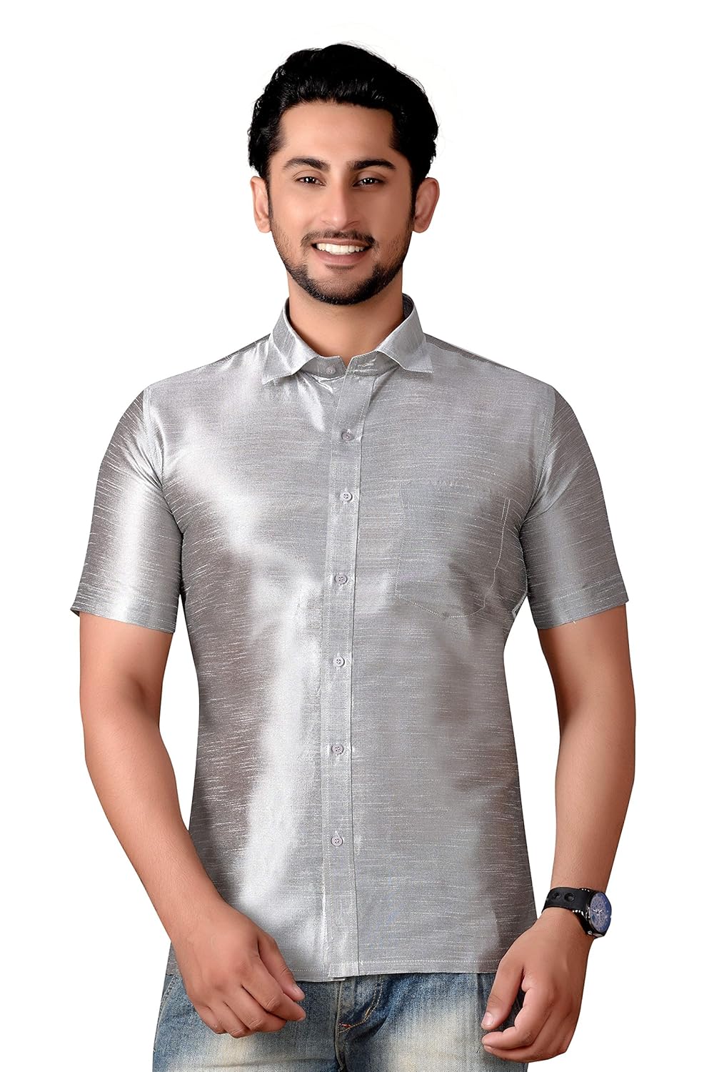 studio shringaar poly raw silk steel grey mens short sleeve party shirt