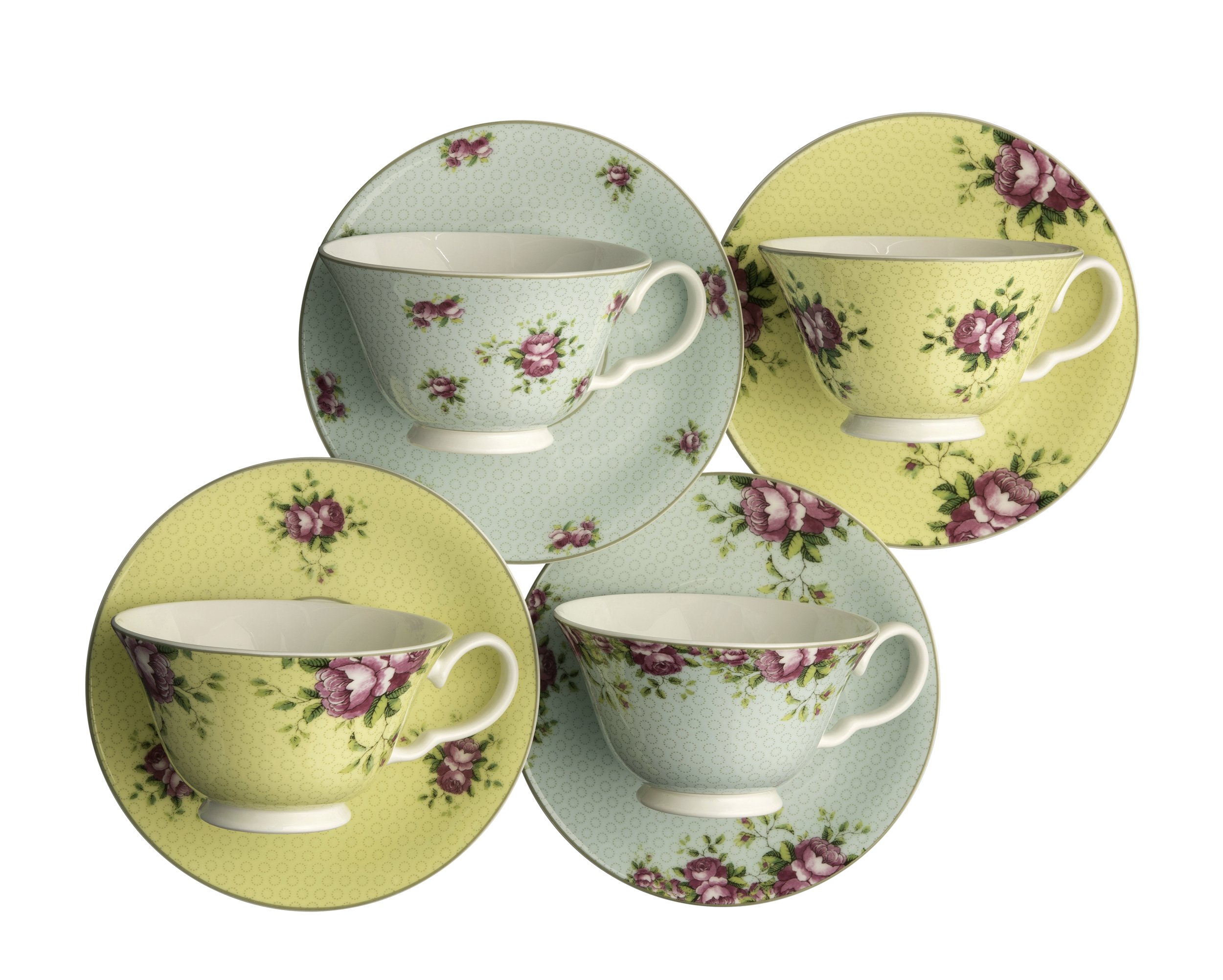 Aynsley Archive Rose Teacups and Saucers, Multi, Set of 4