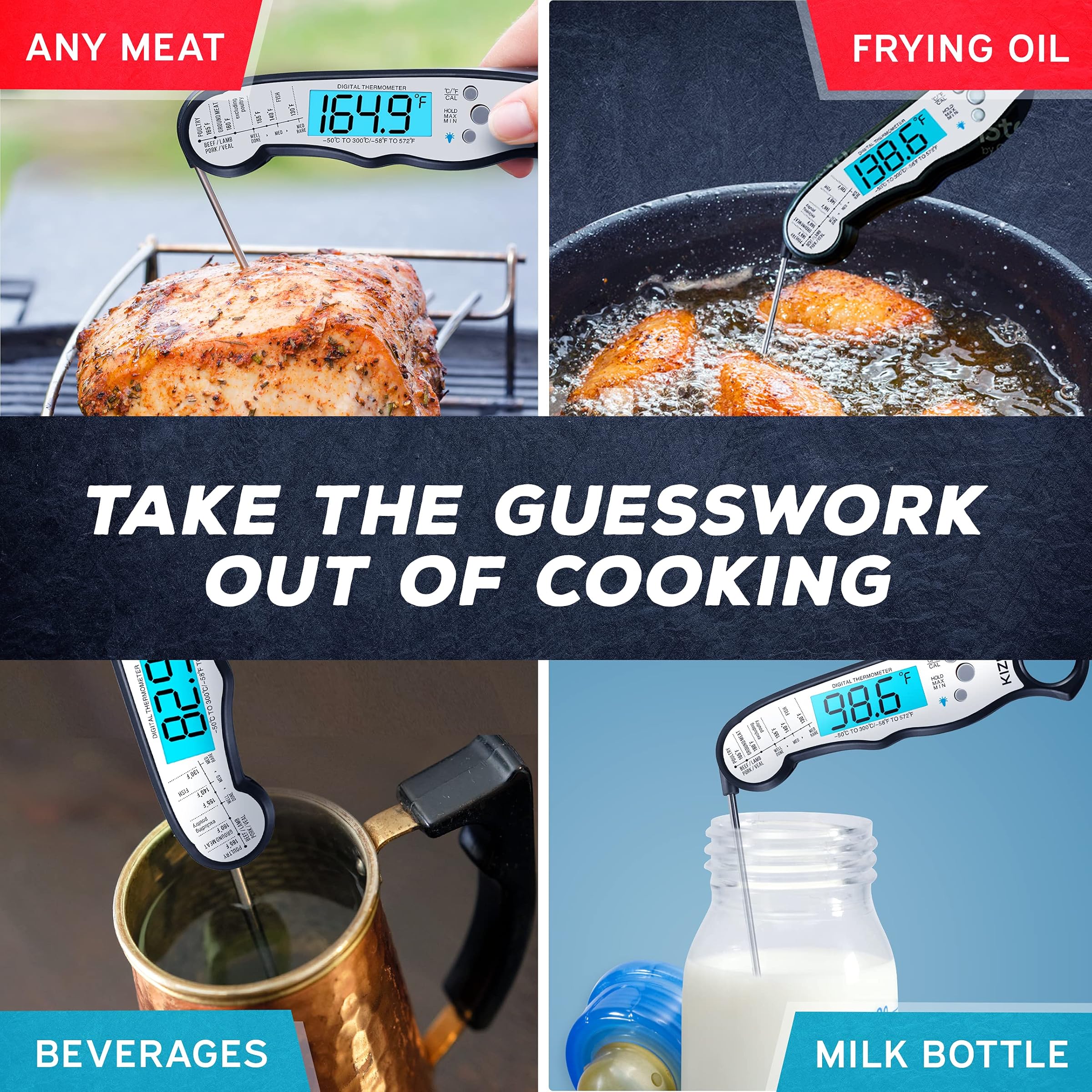 Kizen Instant Read Meat Thermometer - Best Waterproof Ultra Fast Thermometer with Backlight & Adjustable Function, Kizen Digital Food Thermometer for Kitchen, Outdoor, Cooking, BBQ, Grilling!