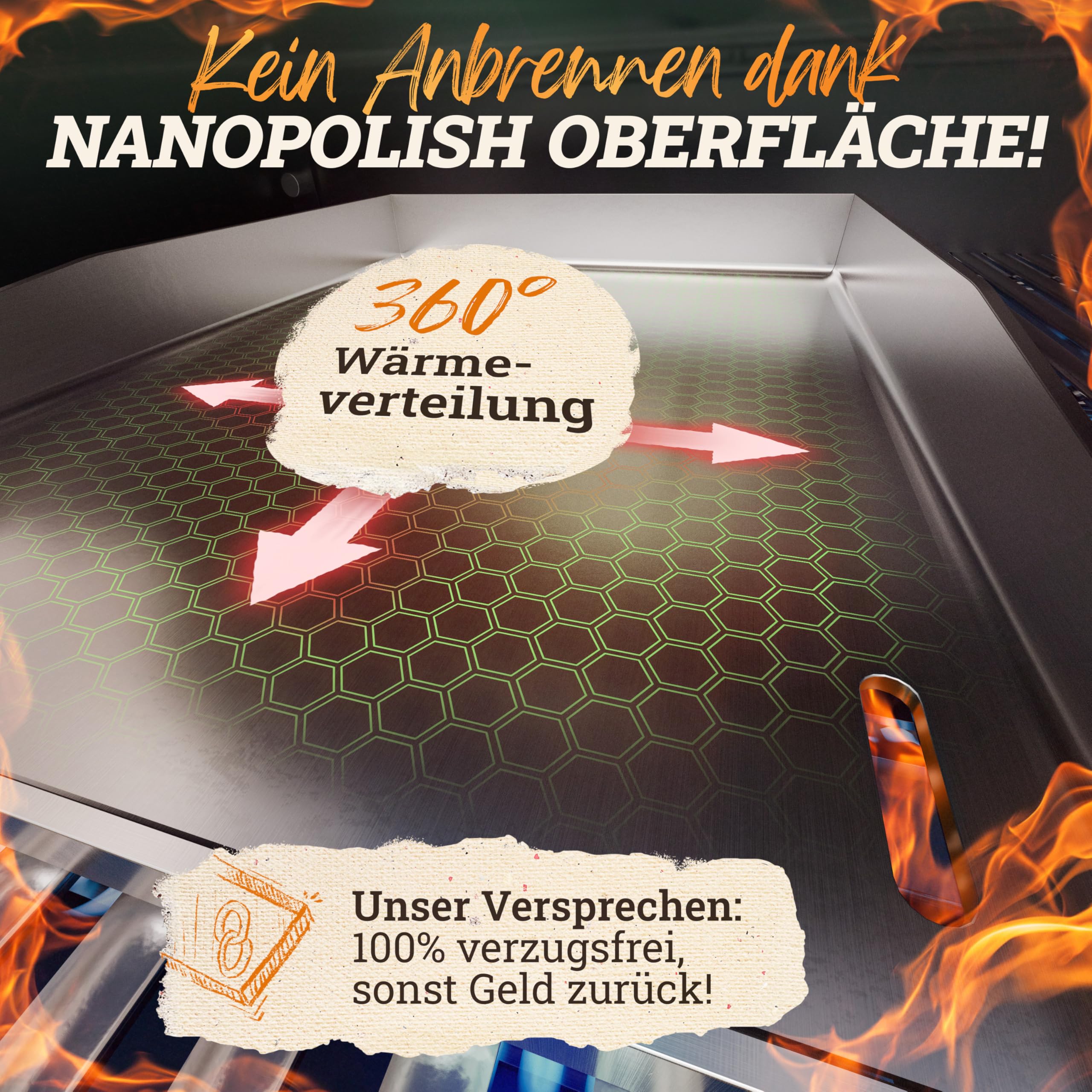 LIKAYA® Plancha Grillplatte [30x40cm] mit 2x Grillspachtel mit FSC-Akazienholzgriff Grillzubehör | Verzugsfreier Edelstahl | Plancha Gasgrill Kohlegrill | Geschlossene Ecken ohne Auslaufen 3