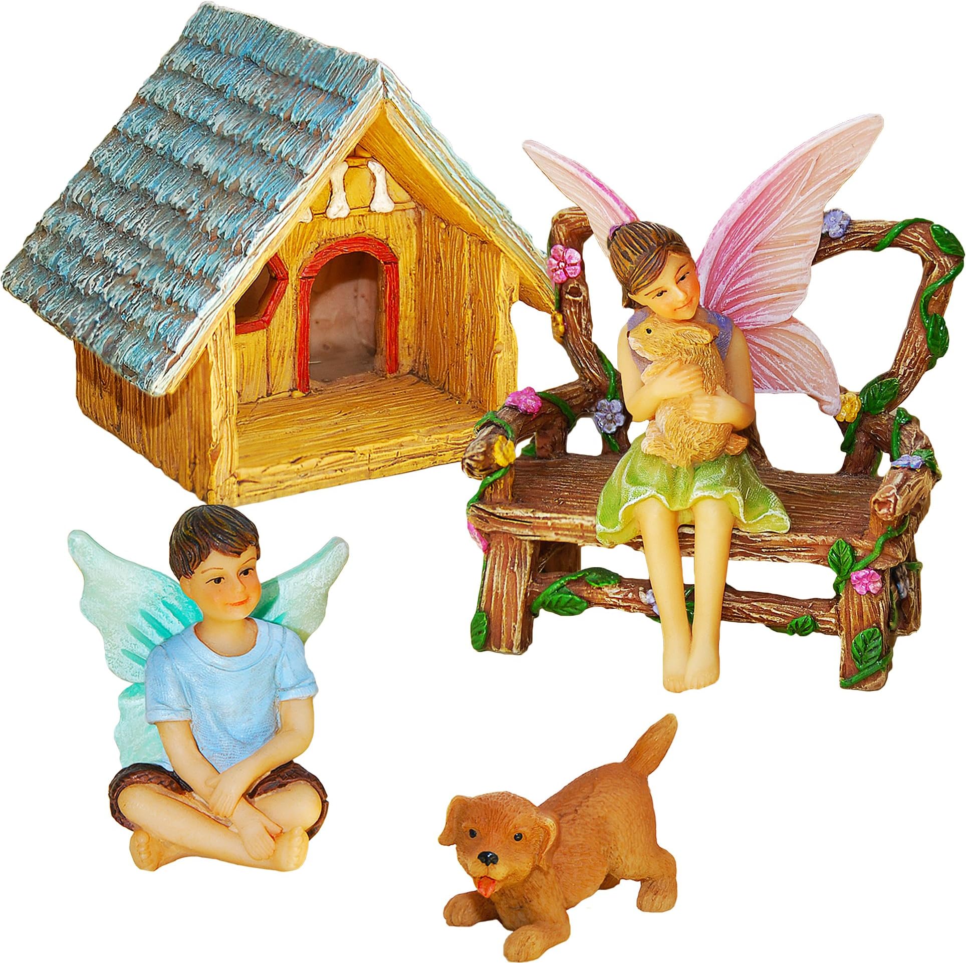 Mood Lab Fairy Garden - Kit Miniature Figurines Accessories - Hand Painted Pets Set of 4 pcs Outdoor House Decor