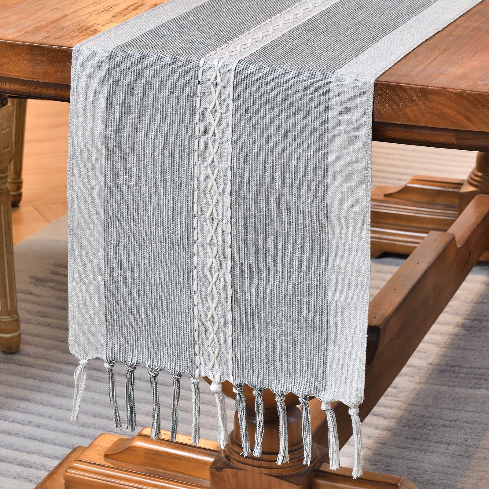 Wracra Embroidery Cotton Linen Table Runner Indoor Outdoor Farmhouse Style Grey Table Runner 120cm with Hand-tassels for Party Dining Kitchen Decorations(Grey, 120cm)