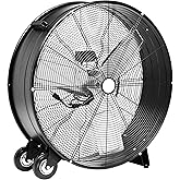 Amazon Basics 30" 300W High-Velocity Heavy-Duty Industrial Drum Fan for Cooling, Metal Housing, UL-Certified Safety Compliance, 2 Speeds, High CFM Up to 12,480, 5.9-ft Power Cord, 2 Wheels, Black