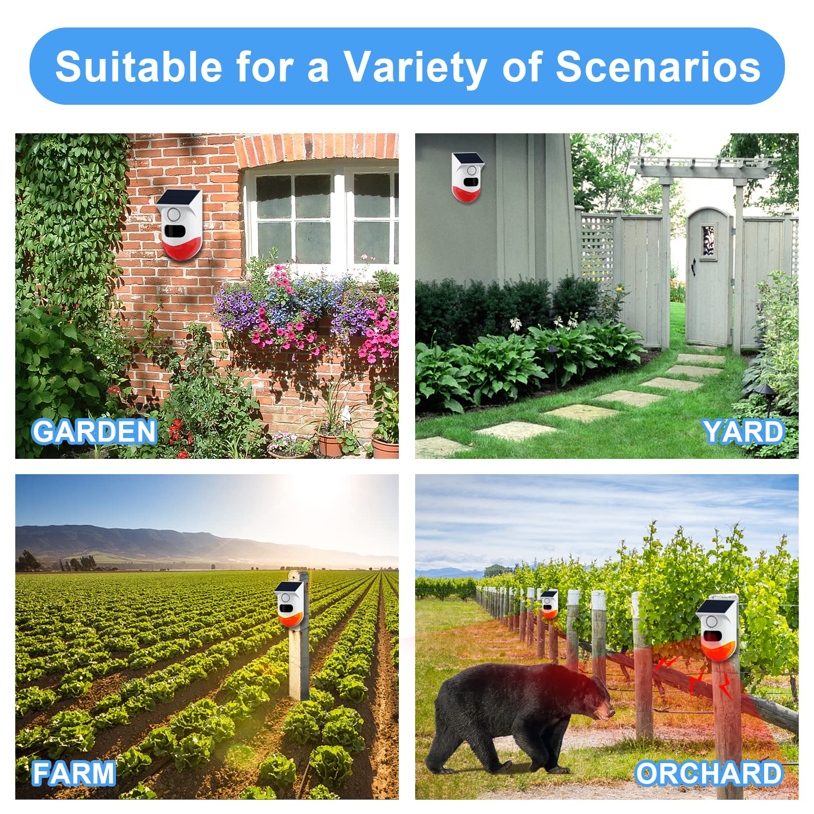 ChunHee Solar Motion Sensor Outdoor Alarm,Adjustable Sensitivity Motion Activated Alarm,129db Sound Security Siren Light IP67 Waterproof and 4 Mode for Home,Farm,Barn,Villa,Yard(2 Pack)