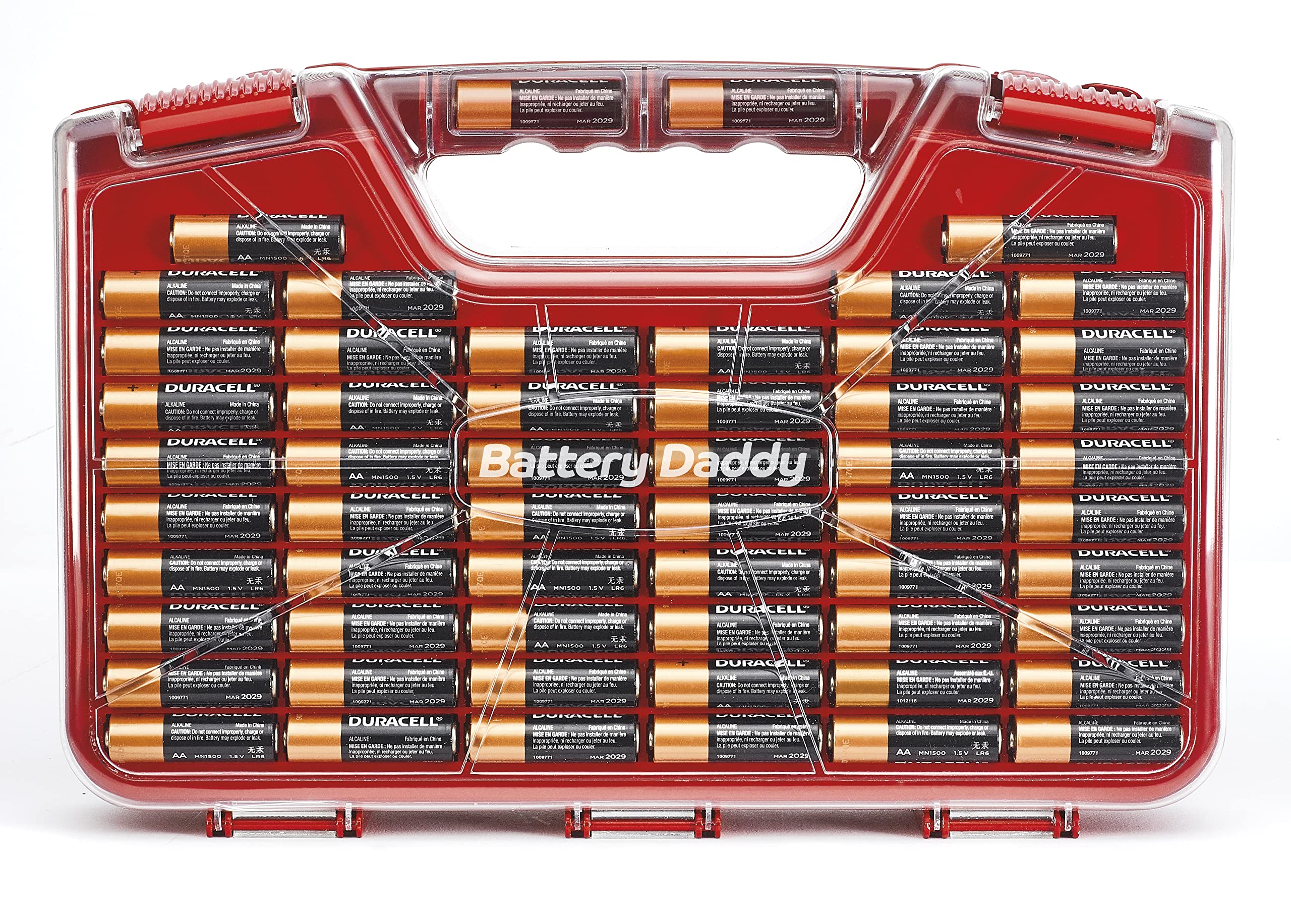 Ontel Battery Daddy Storage & Organizer Case with Tester, Stores & Protects Up to 180 Batteries, Double-Sided, Durable Design with Clear Locking Lid, Secure Latches & Portable Carrying Handle - Red