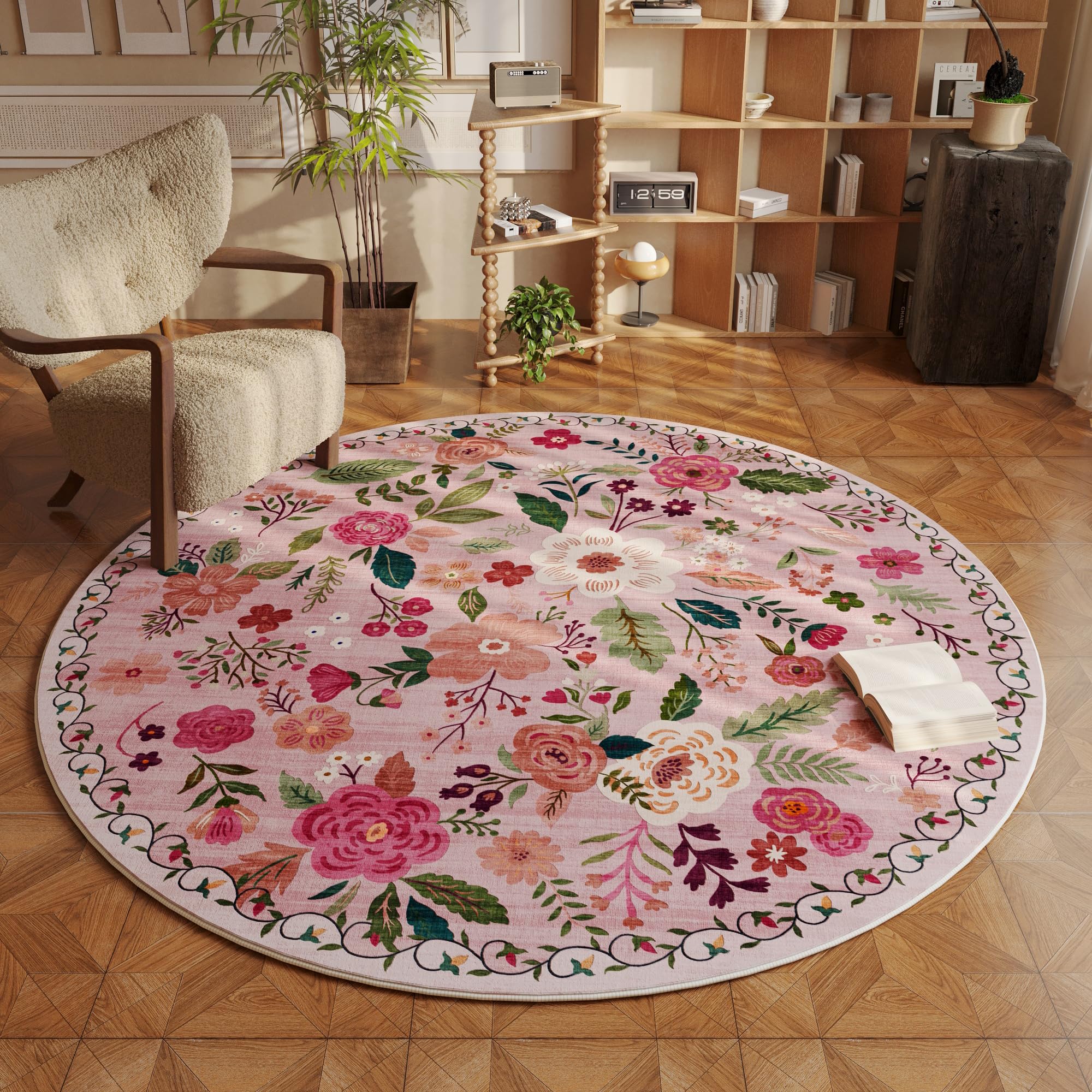Rugcomf Round Rug 6ft Washable Circle Rug Non Slip Low Pile Boho Floral ...