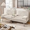 Shahoo Modern Upholstered Convertible Folding Futon Sofa Bed with Removable Armrests, Metal Legs, 2 Cup Holders for Living Room, Beige