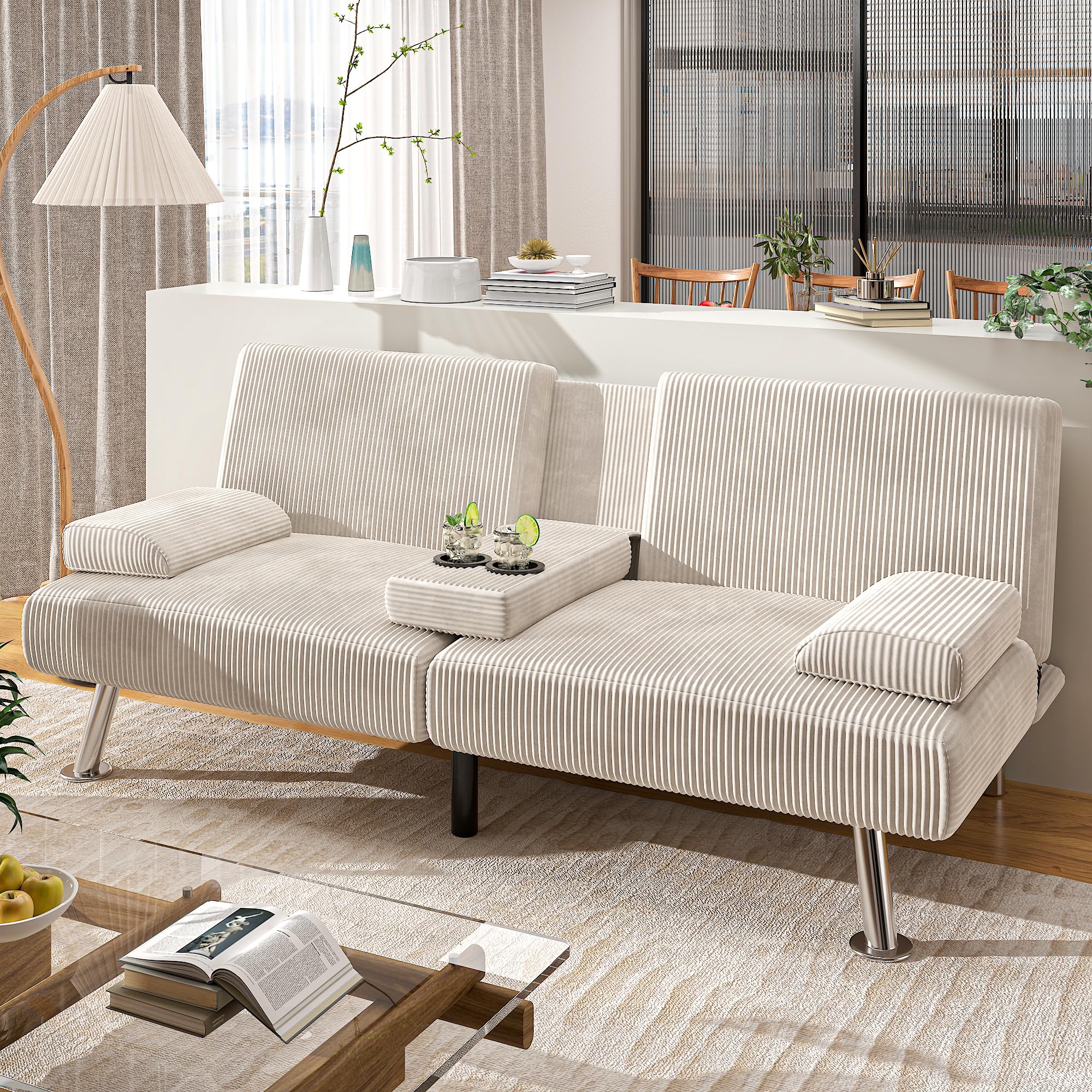 Shahoo Modern Linen Upholstered Convertible Folding Futon Sofa Bed with ...