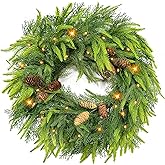 24 Inch Large Christmas Wreath with 50 LEDs Lights Timer 8 Modes, Thick & Soft Norfolk Pine Cypress Tips Pinecone Real Feel Artificial Wreath for Front Door Window Mantel Wall Xmas Home Décor