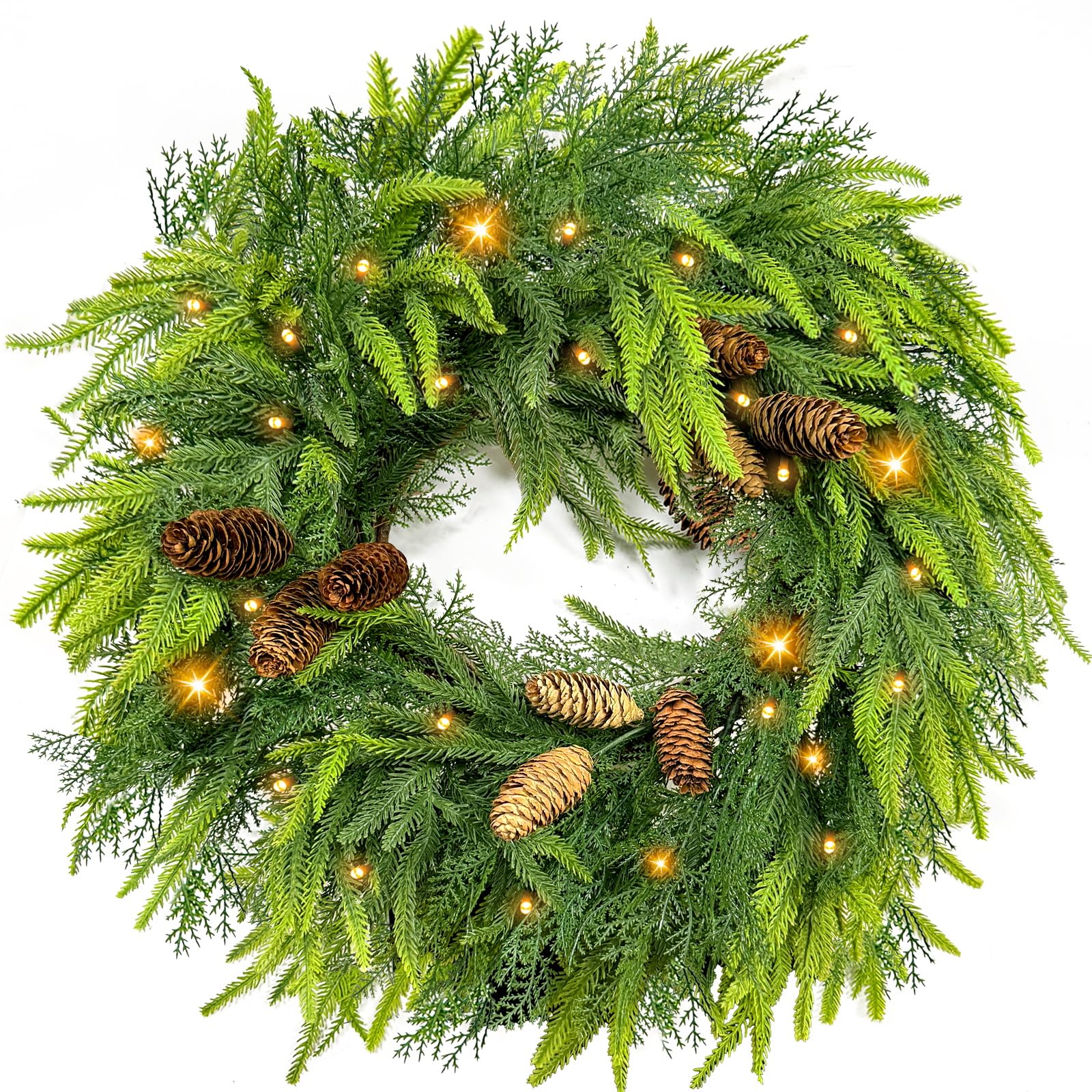 Photo 1 of 24 Inch Large Christmas Wreath with 50 LEDs Lights Timer 8 Modes, Thick & Soft Norfolk Pine Cypress Tips Pinecone Real Feel Artificial Wreath for Front Door Window Mantel Wall Xmas Home Décor