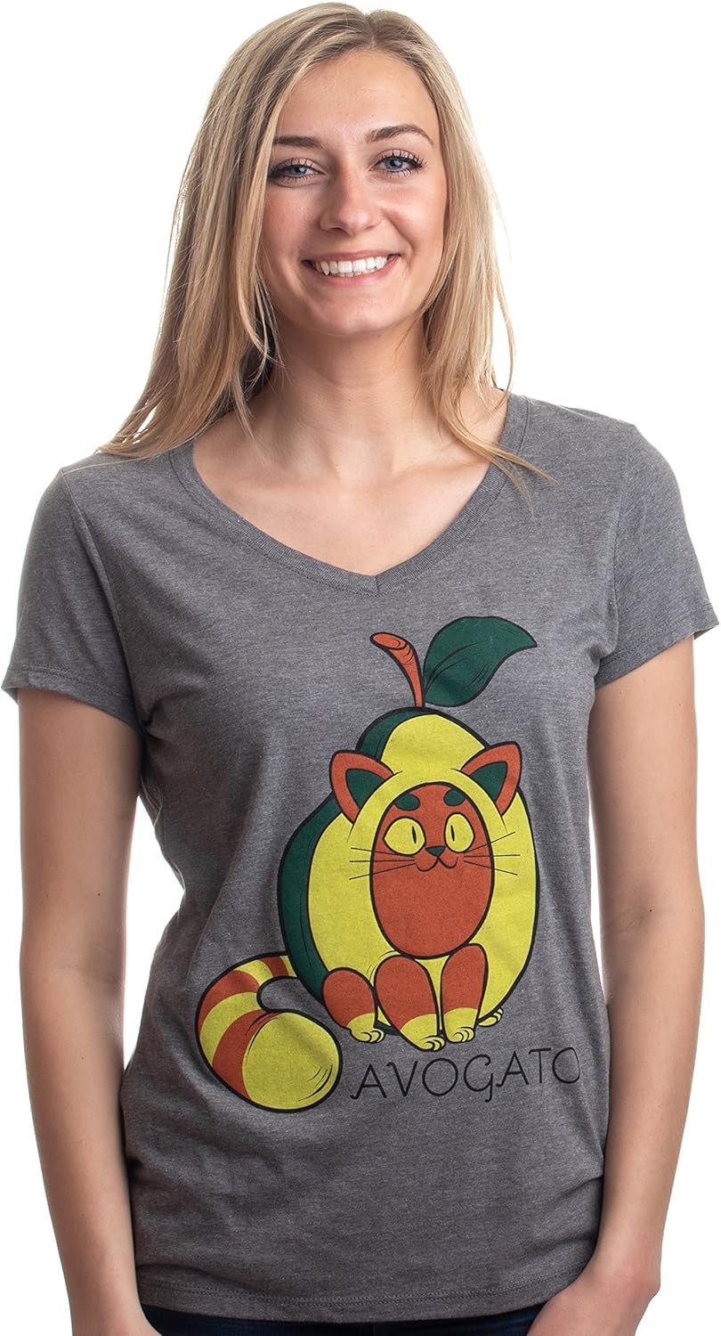Avogato | Funny Cute Avocado Cat Joke Arigato Graphic V-Neck T-Shirt for Women: Clothing