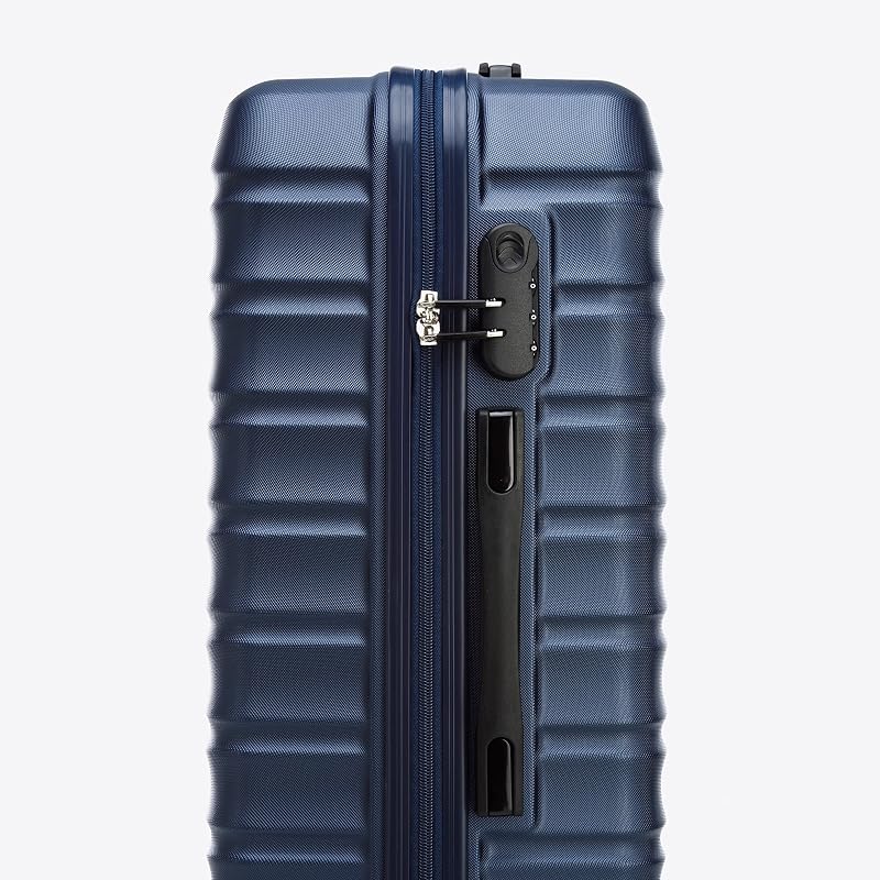 set di 4 valigie con custodia per cosmetici trolley bagaglio a mano ABS 4 ruote spinner chiusura a combinazione maniglia telescopica Groove Line blu navy Ryanair/ITA Airways/easyJet
