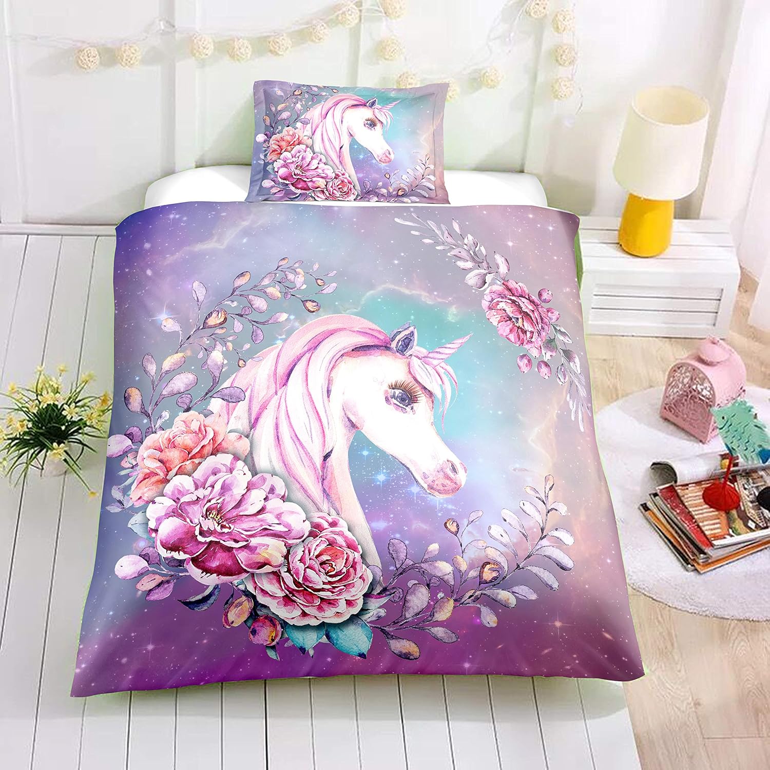 Kids Bedding Twin Helehome Floral Unicorn Bedding Set Lovely Cartoon Light Purple Duvet Cover With Flowers Included 1duvet Cover 1pillowcase No Comforter Inside Duvet Covers Sets