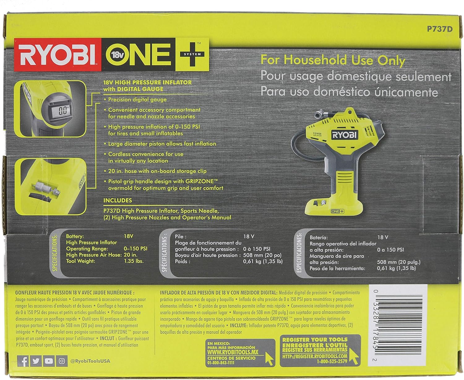 Ryobi Portable Power Inflator for Tires [NEW DIGITAL GAUGE] [18-Volt] [Cordless] [ONE+ Battery system] [P737D] (Battery Not Included, Power Tool Only): Home Improvement
