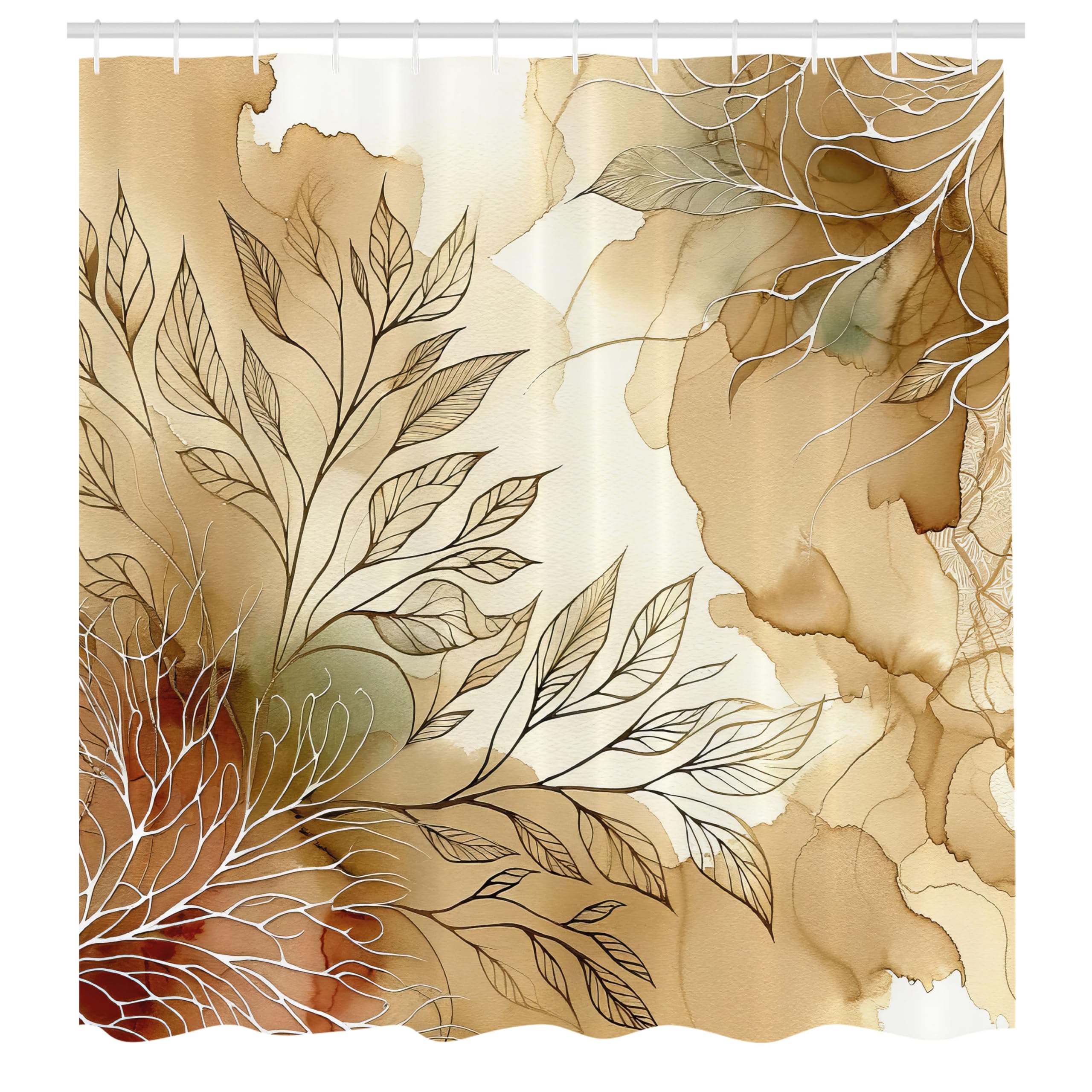 ABAKUHAUS Tan Shower Curtain, Abstract Branches Marble Like, Cloth Fabric Bathroom Decor Set with Hooks, 175 x 200 cm, Almond Ecru Beige