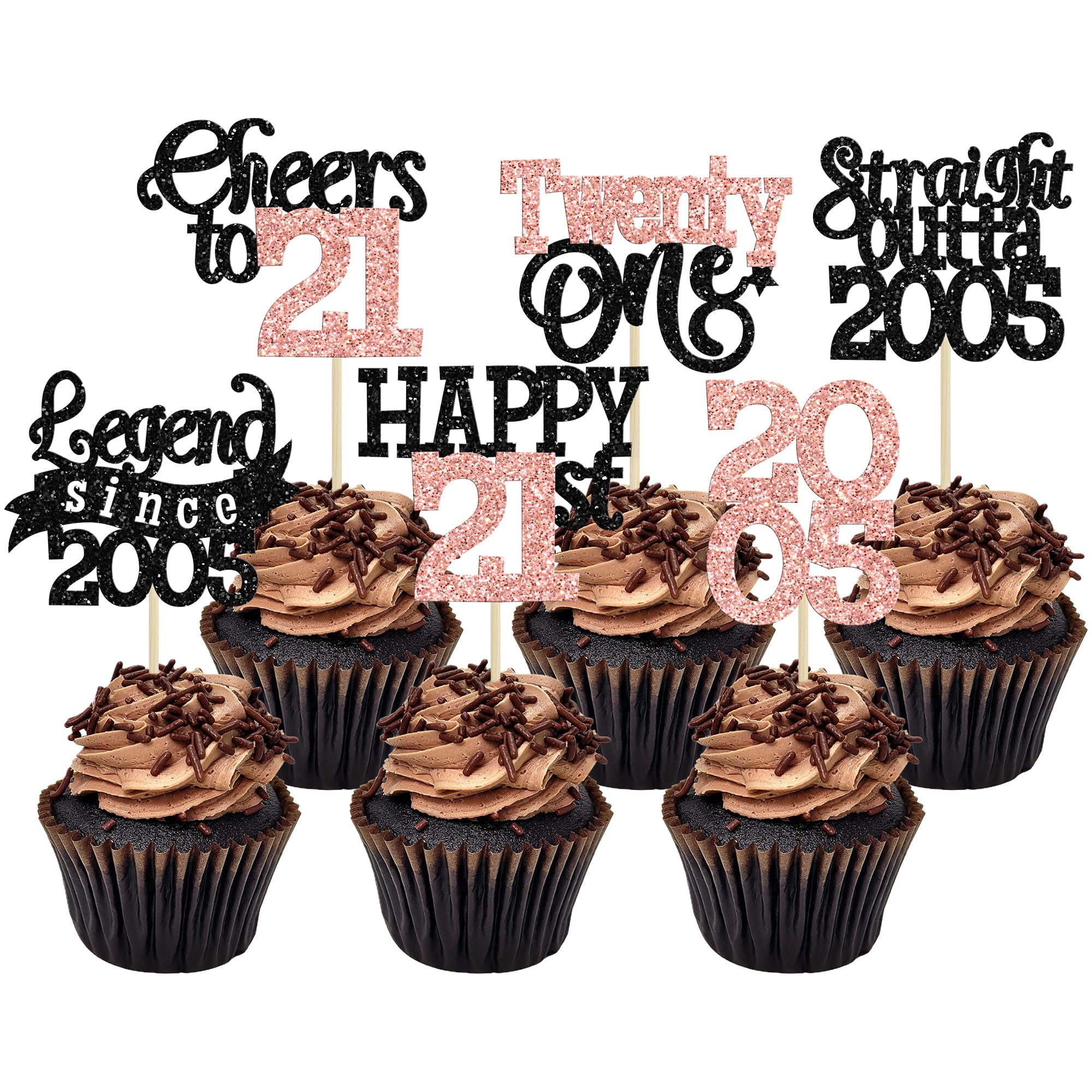 Gyufise 24Pcs Happy 21st Birthday Cupcake Toppers Hello Twenty One Legend Since 2005 Cupcake Picks Cheers to 21 Years Cake Decorations for 21st Birthday Anniversary Party Supplies Black Rose Gold