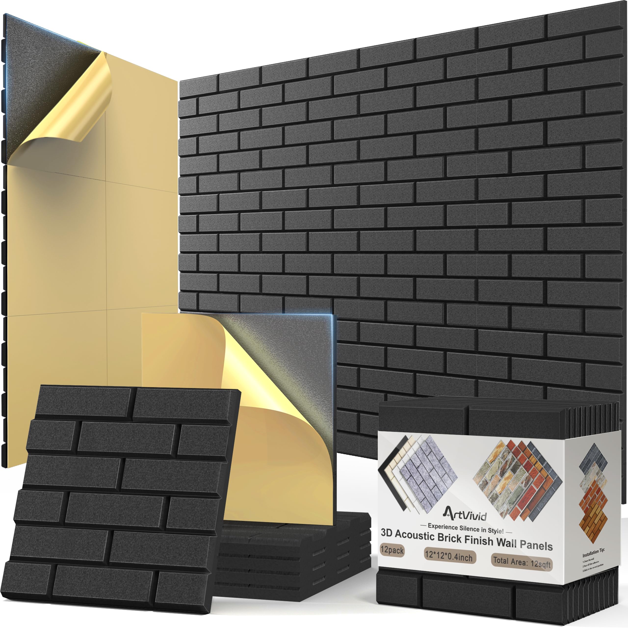 Photo 1 of 12Pack Acoustic Panels, Self-Adhesive 3D Brick Pattern Sound Proof Panels for Walls, Decorative Sound Dampening Wall Panels for Recording Studios, Offices, Home, 12"×12"×0.4", Black