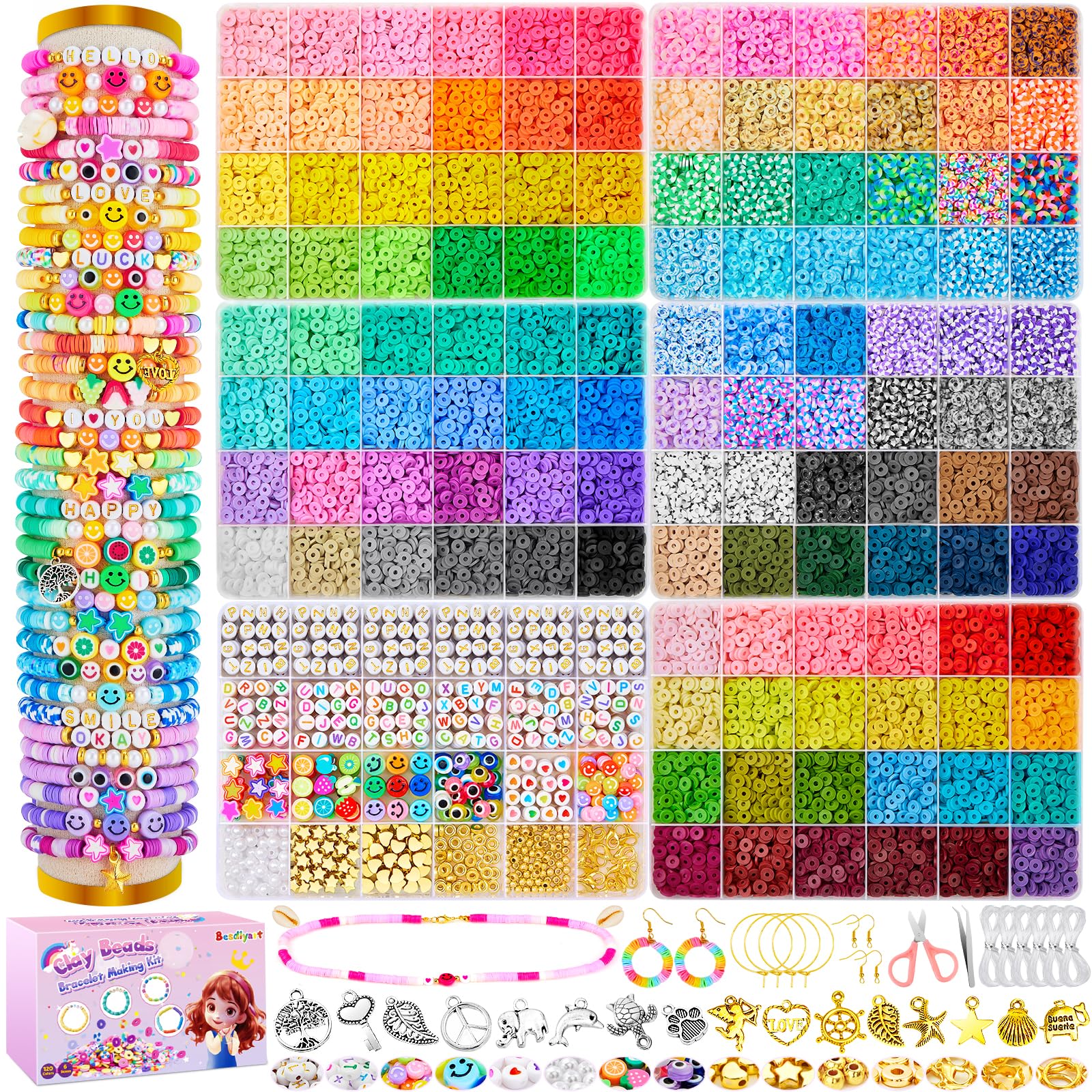 Besdiyart Clay Beads Bracelet Making Kit, 120 Colors 6 Boxes Polymer Clay Beads for Friendship Bracelet Kit, Spacer Heishi Beads for Jewelry Making with Letter Beads,Charms Gift for Kids Adults