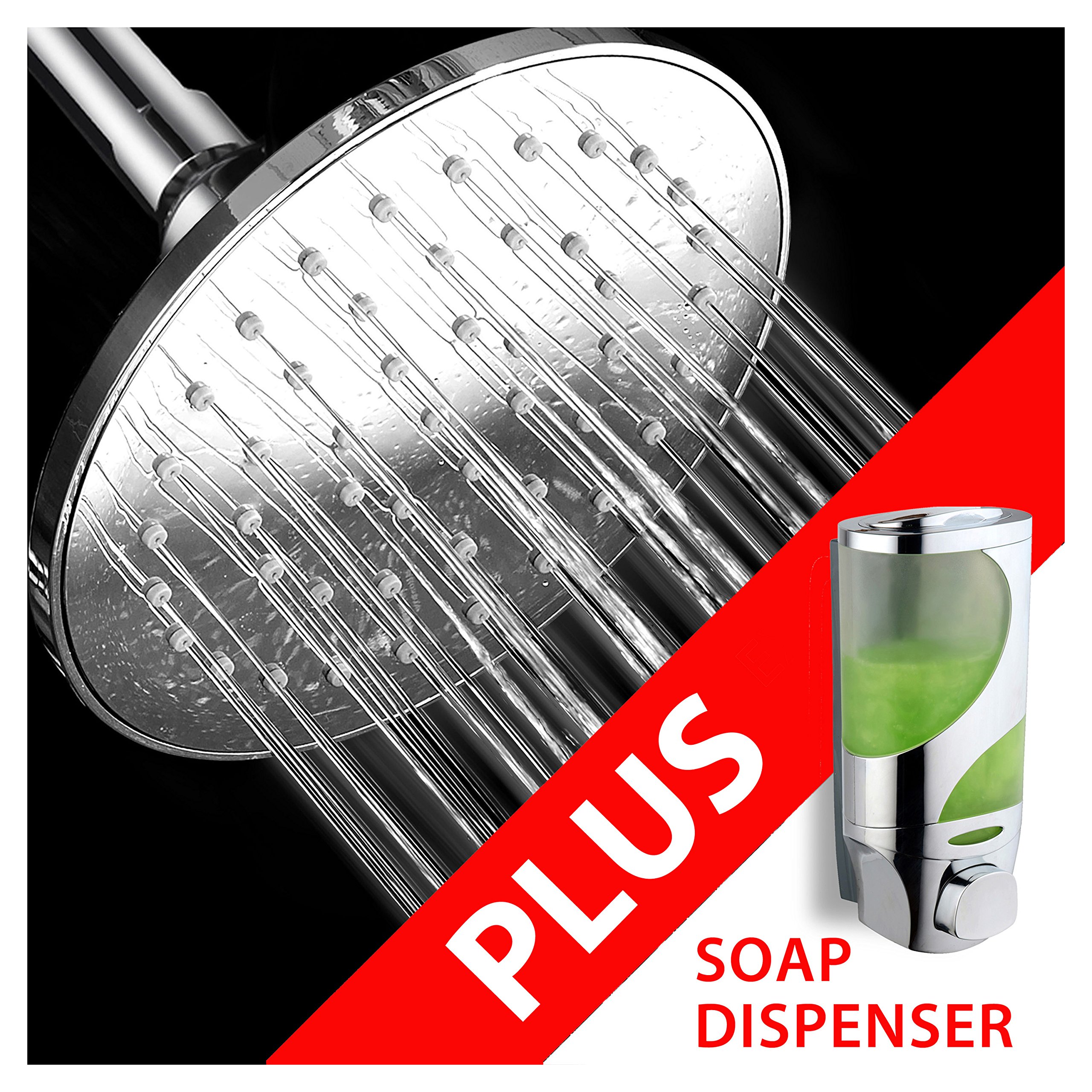Hydroluxe 6-inch Rainfall Shower Head with Hydro Blast Technology for High Power Water Flow Performance PLUS Wave Luxury Soap / Shampoo / Lotion Modular Design Shower Dispenser